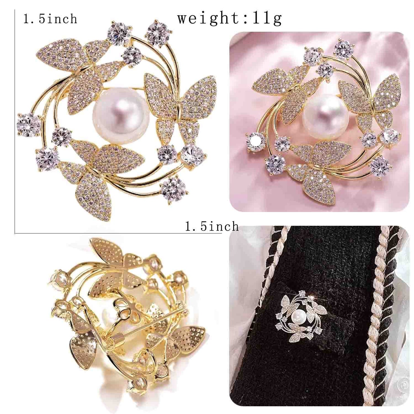Gold Butterfly Wreath Flower Crystal Brooches Pins Fashion Beautiful Created Rhinestone Pearl Floral Brooch Good Idea for Party Dance Wedding Banquet for Elegant Women Girl (Butterfly Wreath)