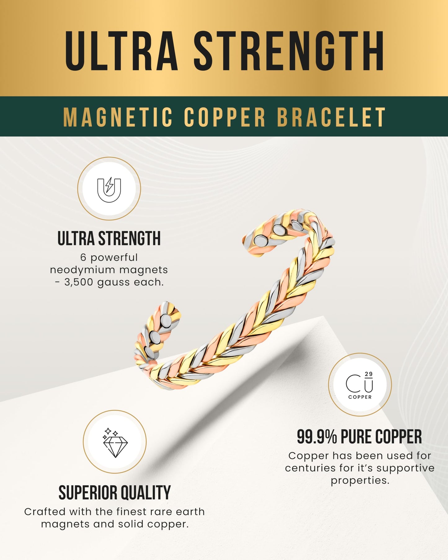MagnetRX Woven Copper Magnetic Bracelet - Magnetic Copper Bracelets - Adjustable Cuff with Magnets (Tri–Color, X–S/S)
