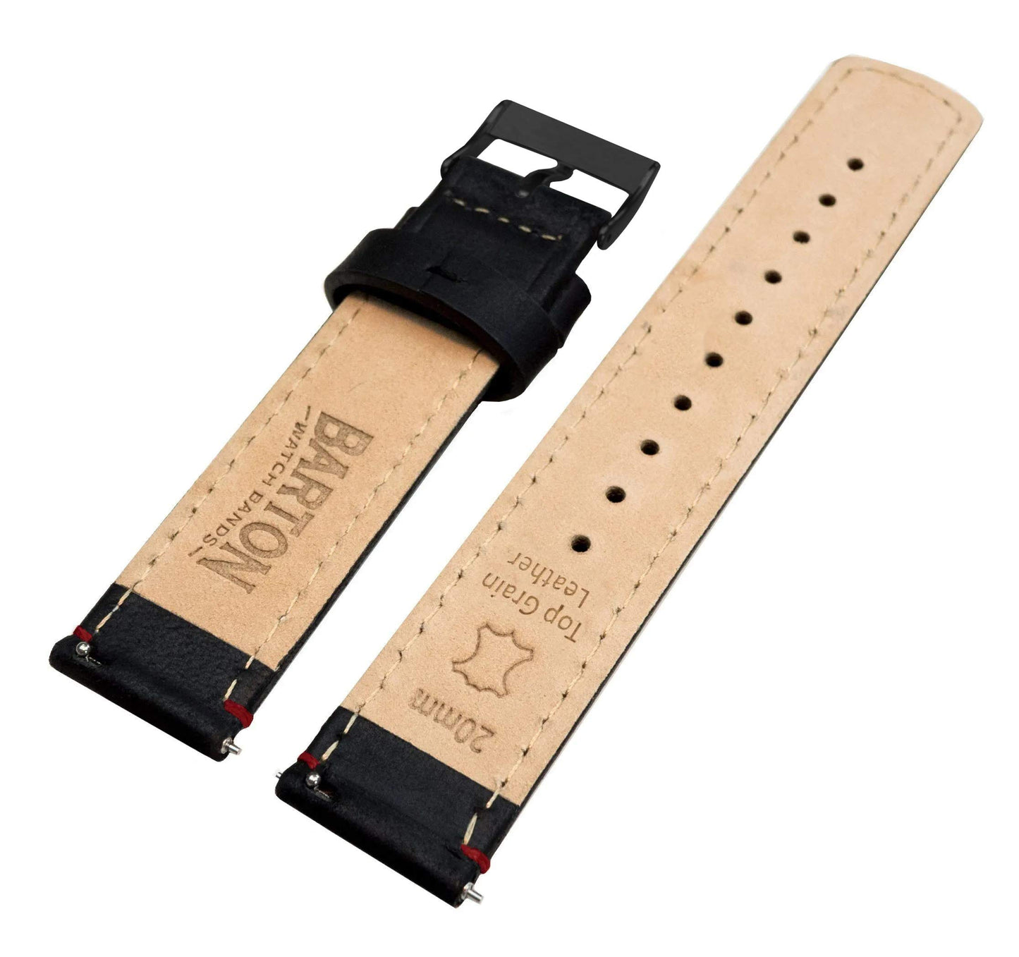 BARTON WATCH BANDS Quick Release Top Grain Leather Watch Band Strap, Black Leather/Red Stitching (Black Buckle), 20mm