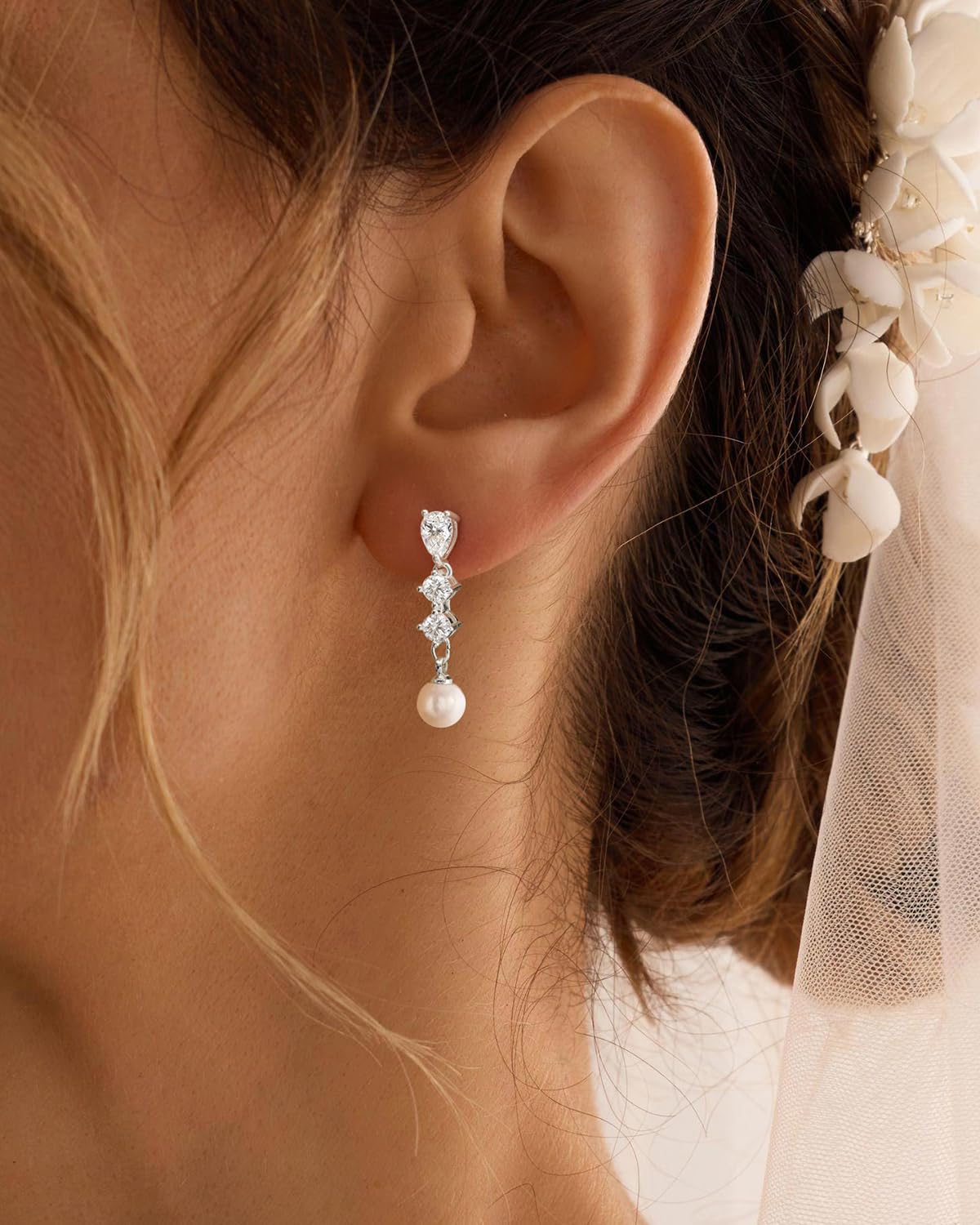 PRTGL Pearl Earrings - Silver White 14 Gold Plated Round and Teardrop Cut Cubic Zirconia Pearl Drop Dangle Earrings for Women Wedding Bridal