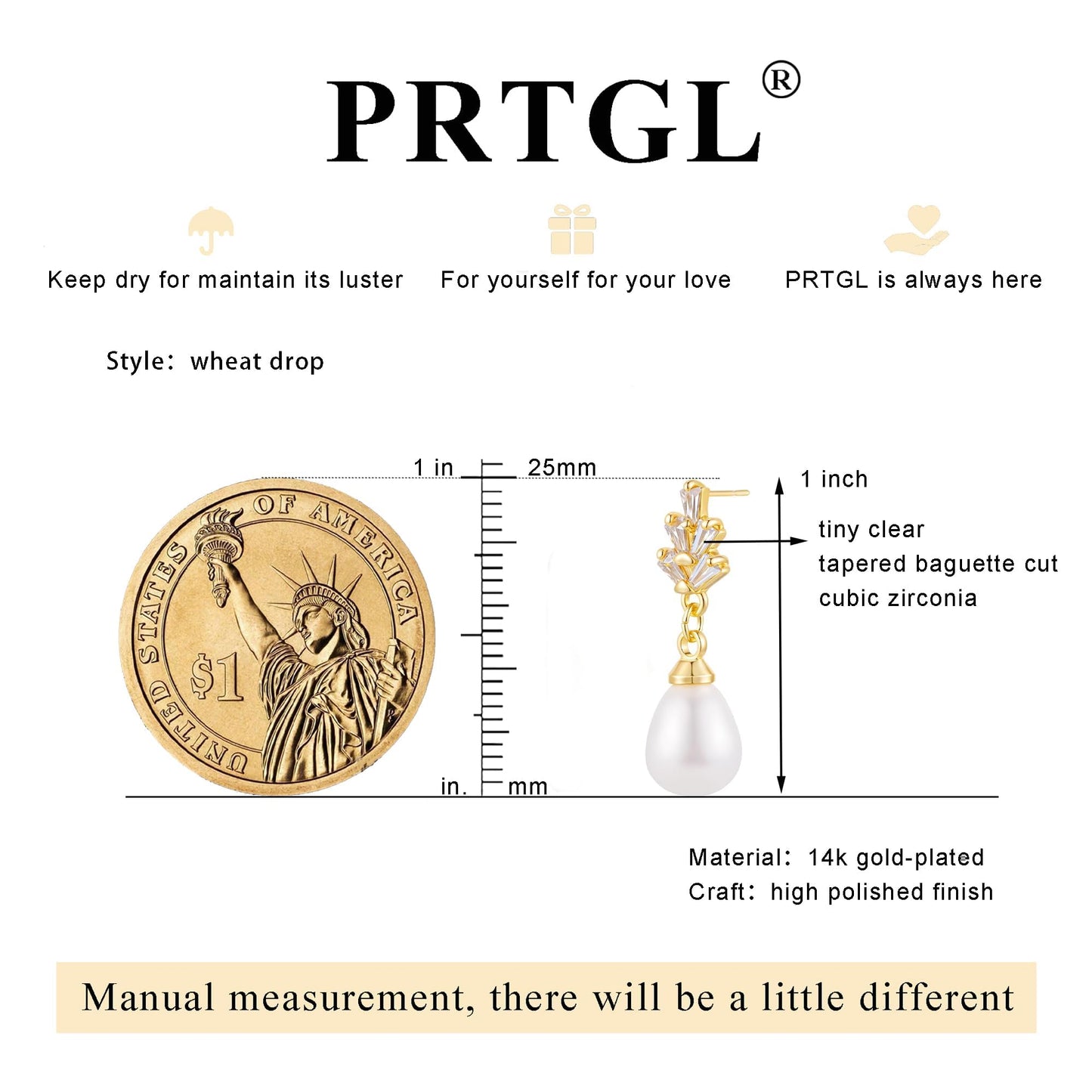 PRTGL Pearl Earrings: 14k Gold-plated Cubic Zirconia Accented Pearl Drop Wedding Engagement Earrings For Women Bridal Bridesmaid (Wheat Designed)