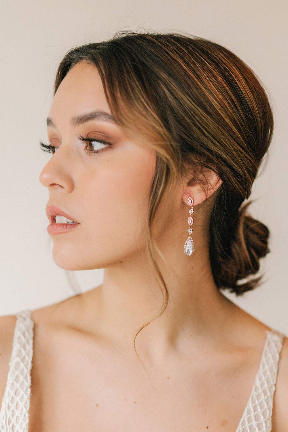 SWEETV Long Pear-Shaped Rose Gold Wedding Birdal Earrings for Brides, Bridesmaids, Crystal Chandelier Dangle Drop Earrings for Women Prom