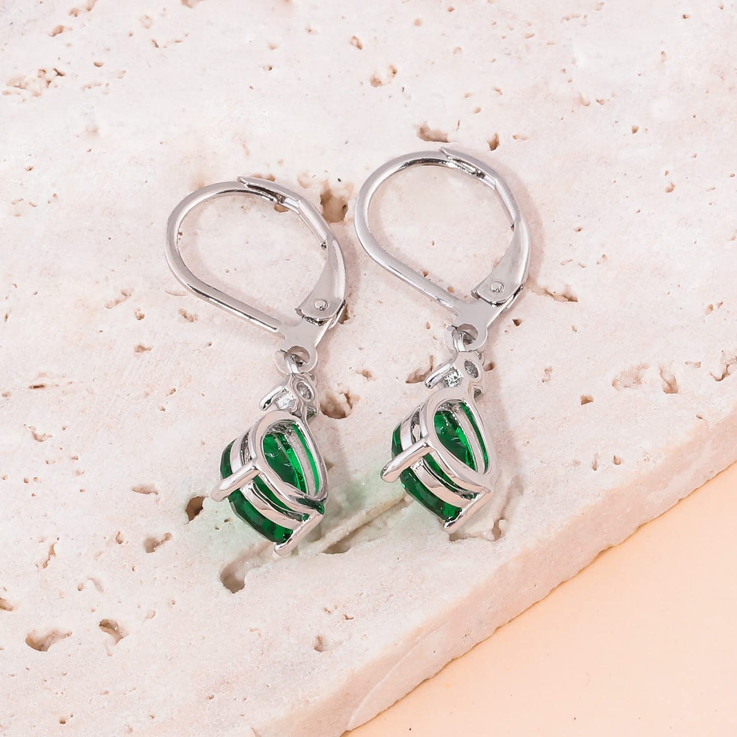 CiNily Leverback Dangle Earrings for Women 14K White Gold Plated Drop Earrings Green Cubic Zircon Fashion Teardrop Hoop Earrings Hypoallergenic Mothers Day Jewelry