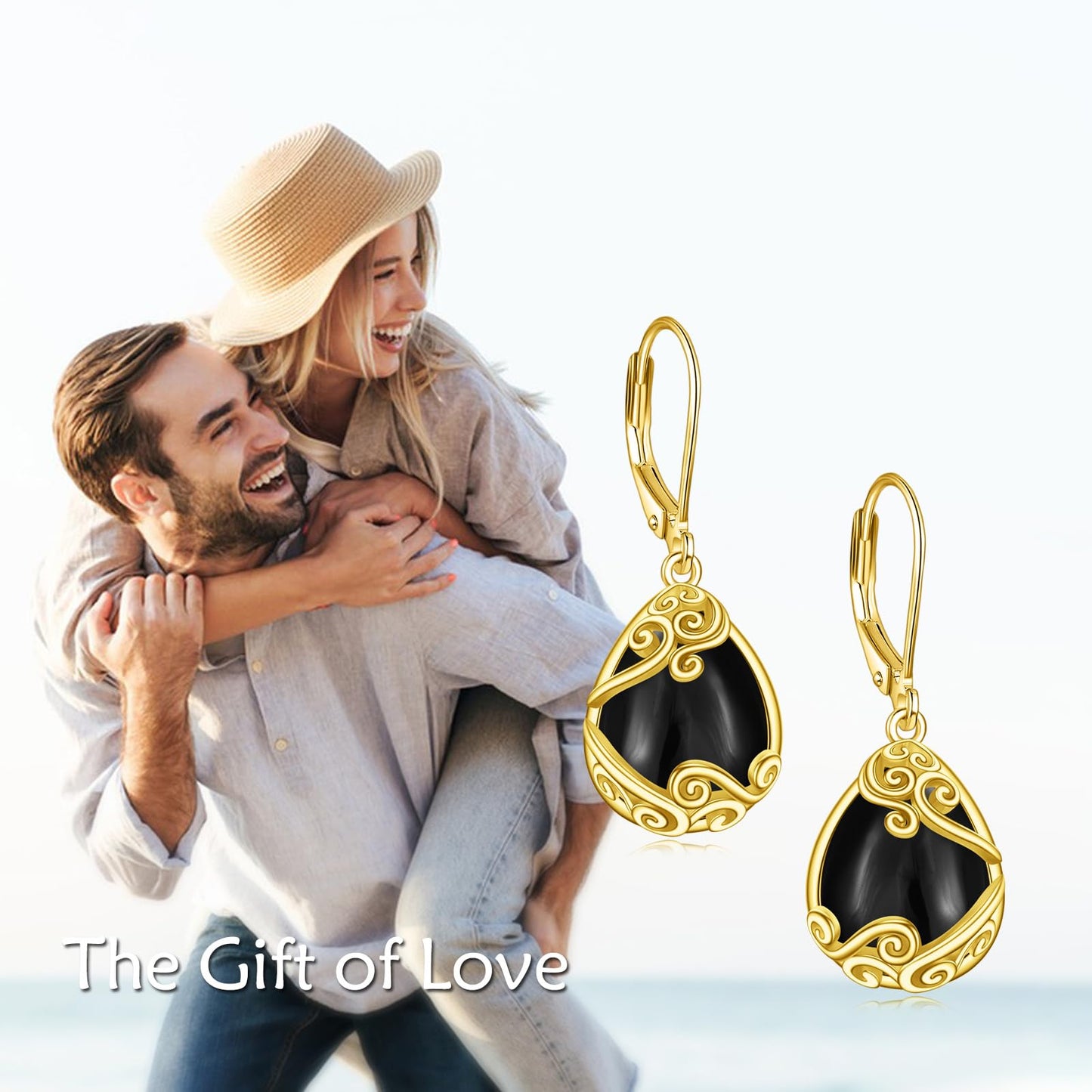 Black Onyx Drop Earrings for Women - Sterling Silver 18K Yellow Gold Plated Filigree Dangle Leverback Jewelry Gifts