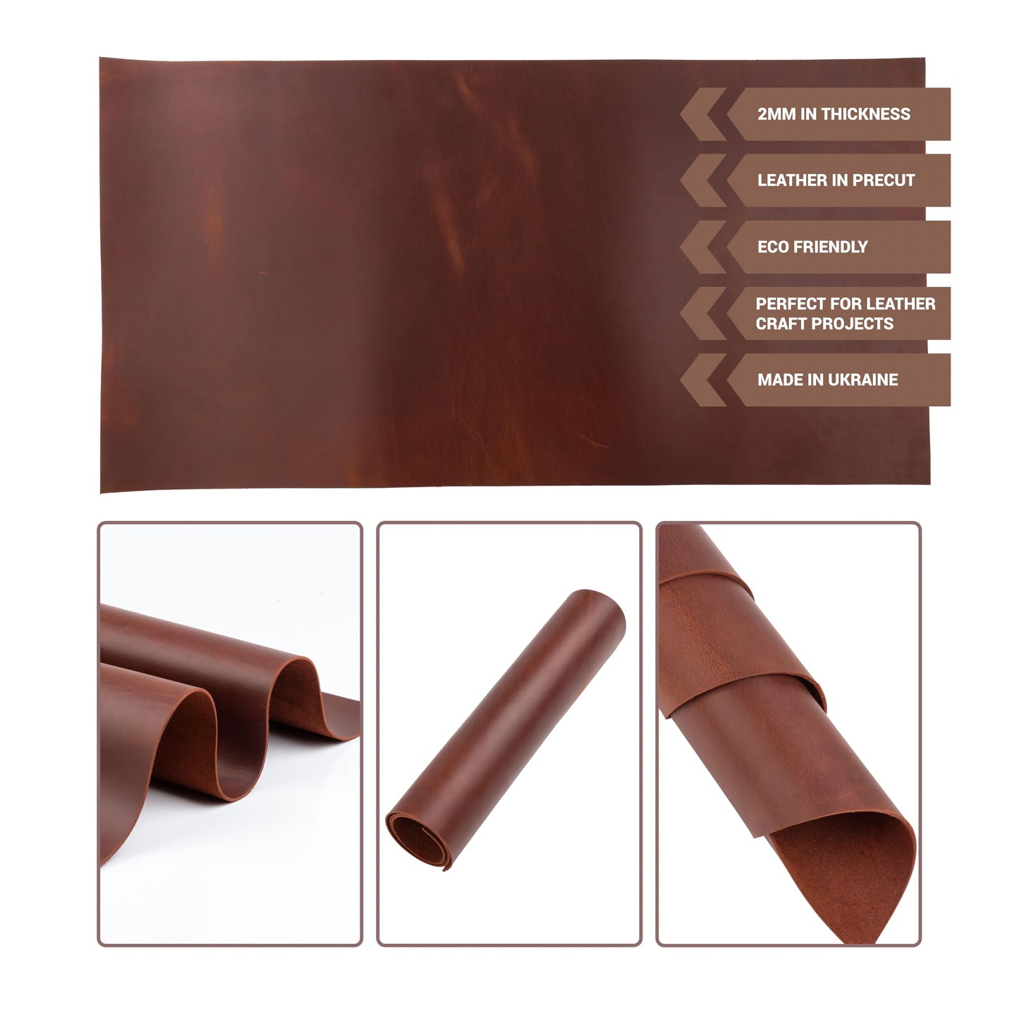 Shkira 12''X24'' Genuine Brown Leather Sheets for Crafts - Square 2.0MM Thick Genuine - Thick Cowhide Pieces Square - Leather Sheet for Arts and Crafts