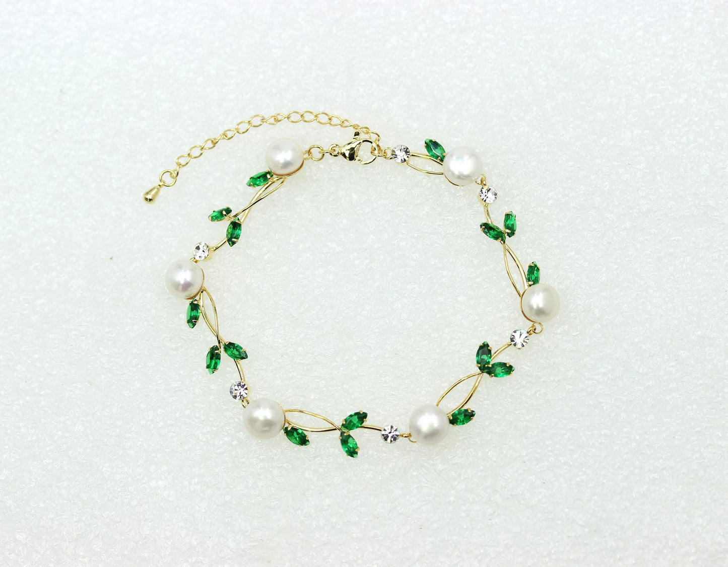 Faship Green CZ Crystal Genuine Freshwater Pearls Floral Bracelet 7.5" - 9.5" - Green/Gold Plated/Matching Bracelet