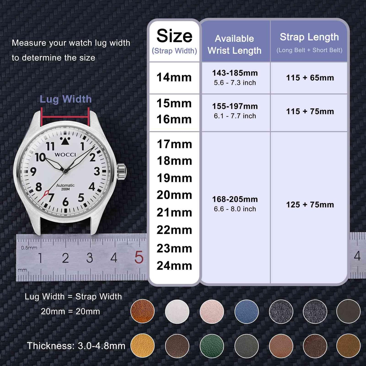 WOCCI 19mm Vintage Leather Watch Band for Men and Women, Silver Buckle (Dark Brown/Contrasting Stitch)