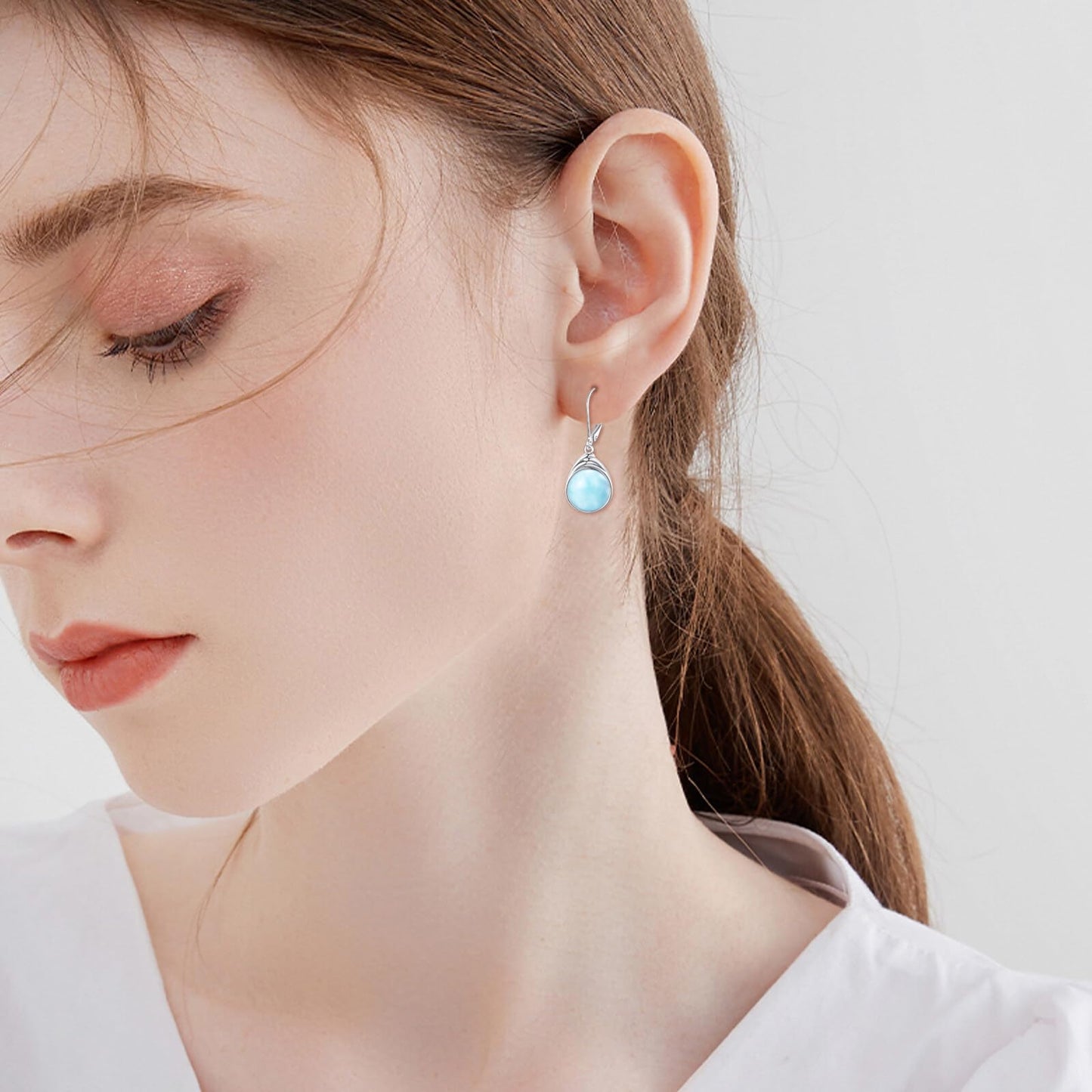POPLYKE Larimar Earrings Dangle for Women 925 Sterling Silver Leverback Earrings Round Blue Larimar Jewelry Christmas Birthday