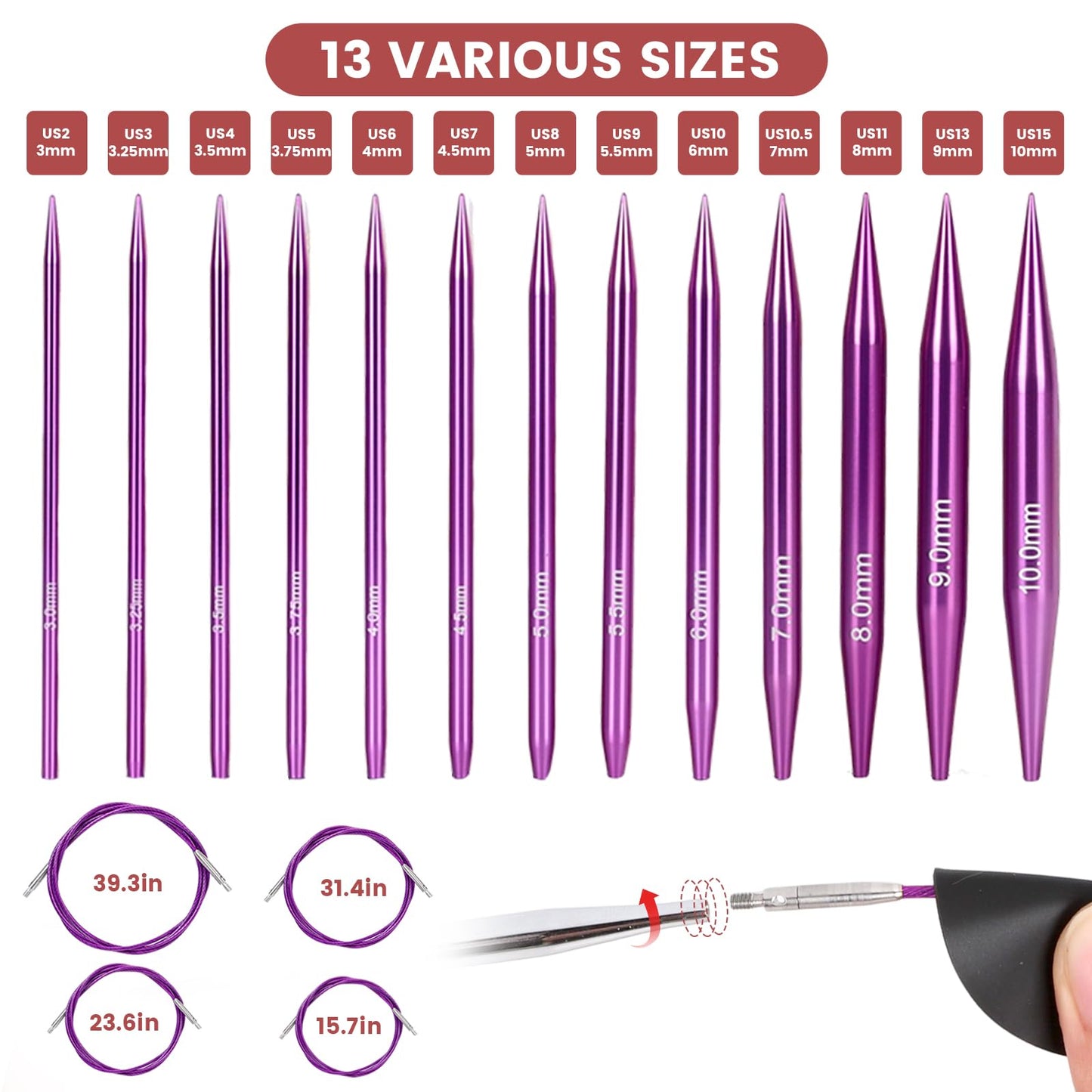 liomey Interchangeable Circular Knitting Needles Set - 13 Pairs of 4 Inch (3mm-10mm), Aluminum Needles, Ergonomic Design for Beginners and Advanced Knitters, Purple