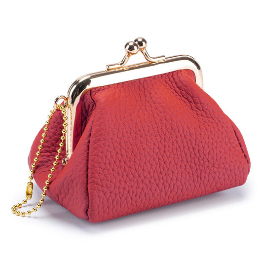 Genuine Leather Coin Purse for Women, Vintage Kiss Lock Small Leather Pouch, Mini Portable Wallet for Coins, Lipstick, Keys and Jewelry (Red)