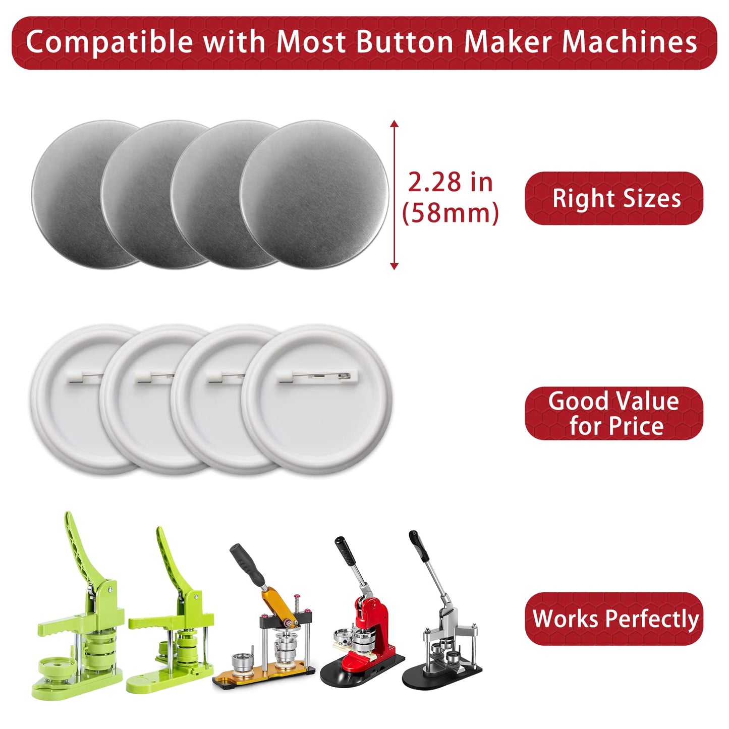 Onemorello 200 Sets Button Maker Supplies, 2.28 inch / 58mm Button Parts Buttons Supplies, Approx. 2.25 in Blank Badge Parts with Blank Paper for Buttons Maker Machine Pin Maker Press