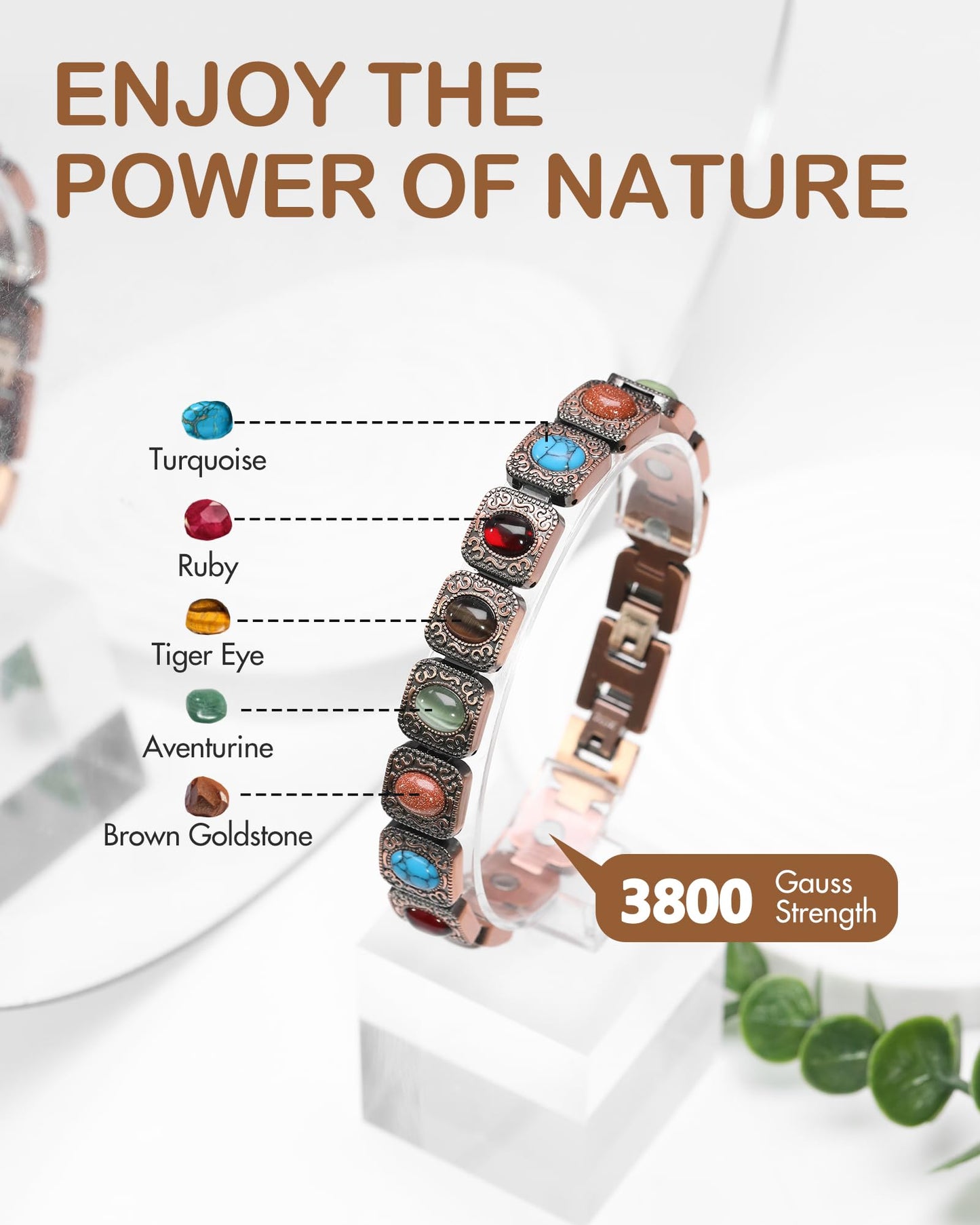 Feraco Pure Copper Bracelets for Women, Ultra Strength Magnetic Copper Bracelet with 3800 Gauss Magnets, Natural Turquoise & Stones, Adjustable, Jewelry Gift