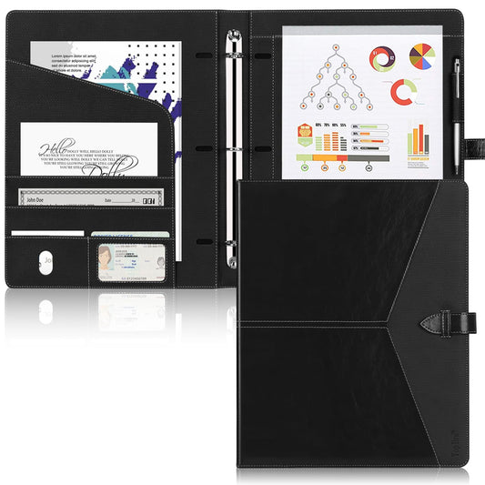 Toplive Padfolio 3 Ring Binder Organizer Business Portfolio Folder for Women, A4/ Letter Size PU Leather Professional Portfolio Padfolio for Interview Conference Presentation, Black