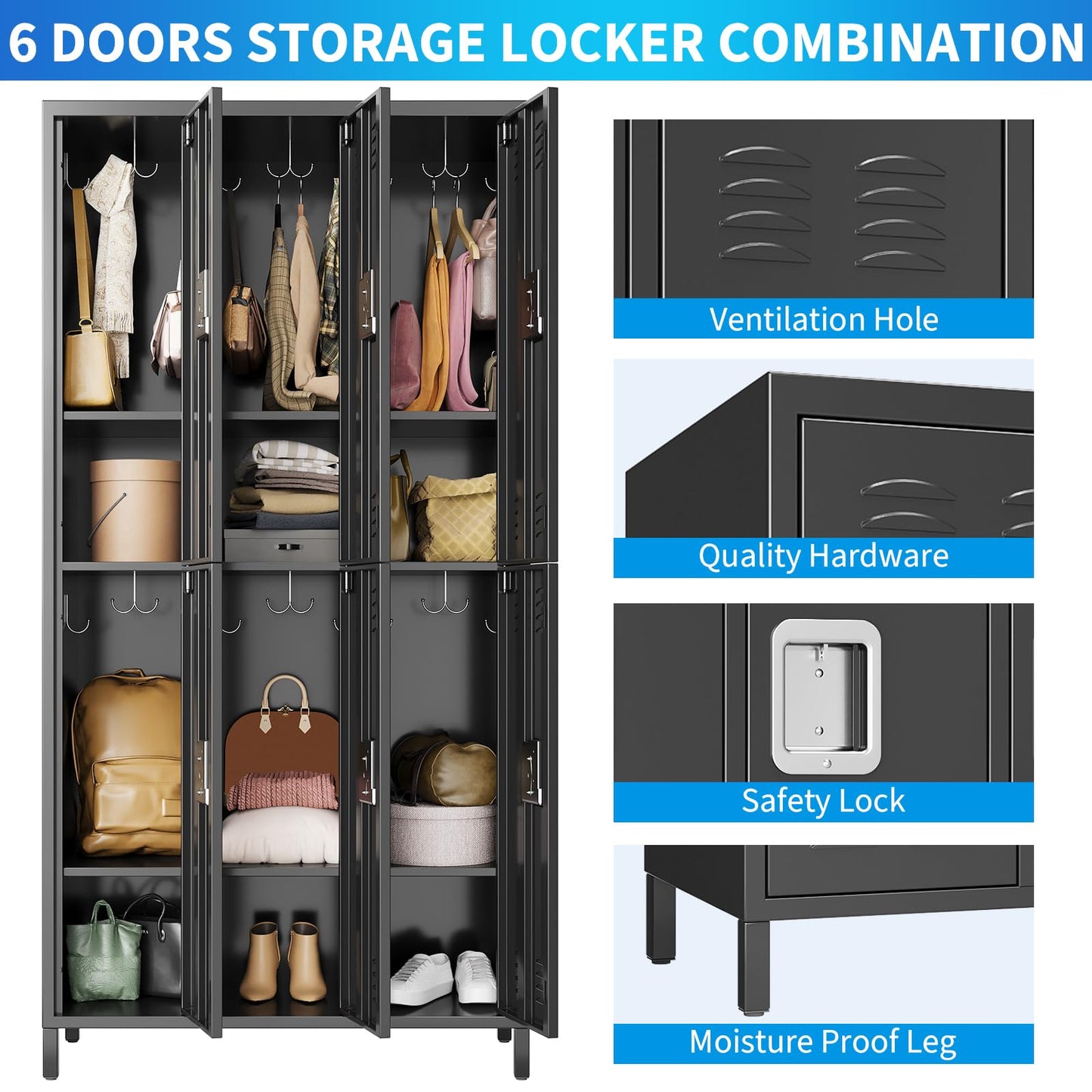 PioneerWorks Metal Locker 6 Door Storage Cabinet, Gym Storage Locker with Hook for Gyms, Schools, Classrooms, Homes, Offices and Employee Dormitories