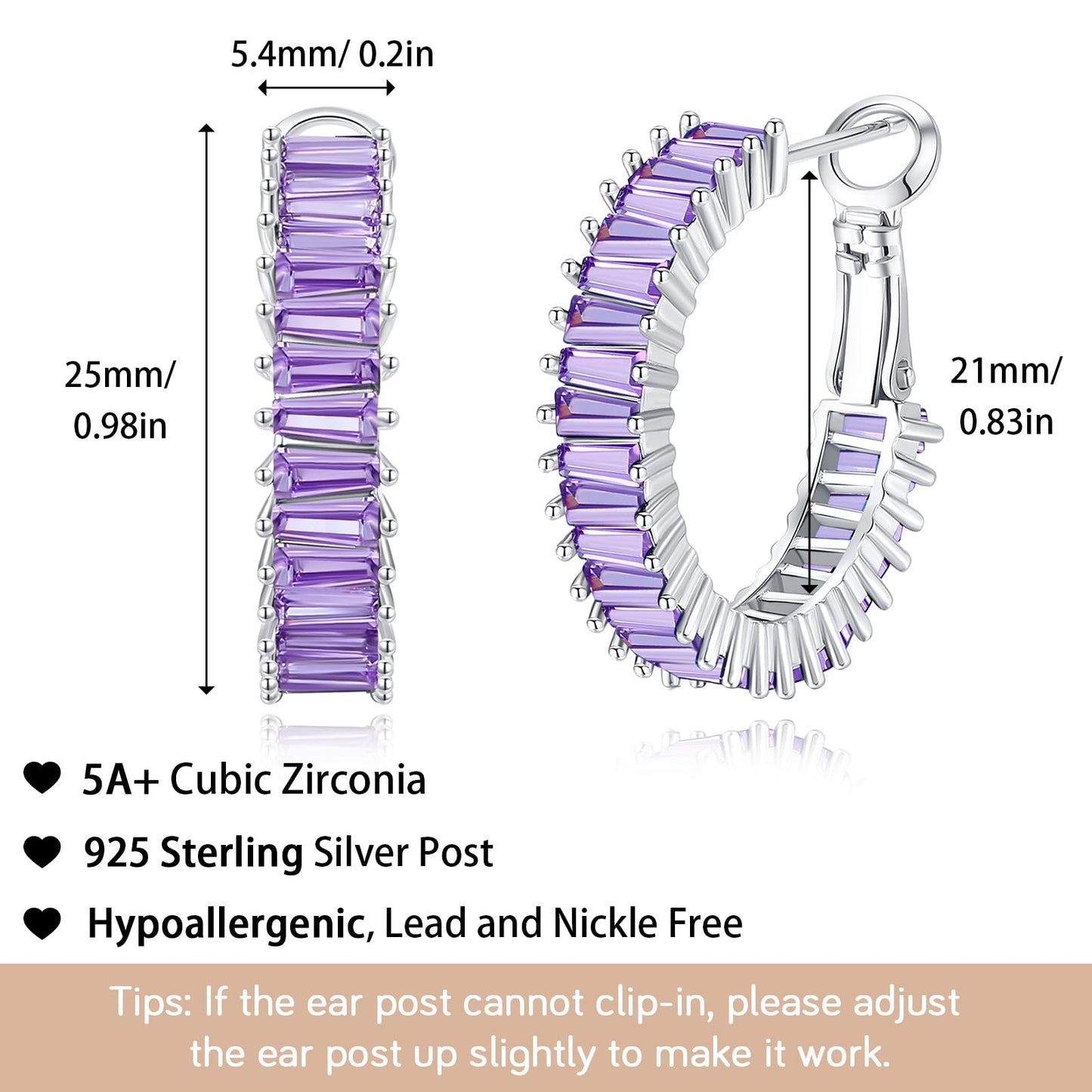GLOQUAT Purple Hoop Earrings White Gold Plated Amethyst Earrings for Women Purple Rhinestone Earrings Lavender Earring Round Circle Hoops Vintage Baguette Cubic Zirconia Hoop Jewelry Gift 25mm