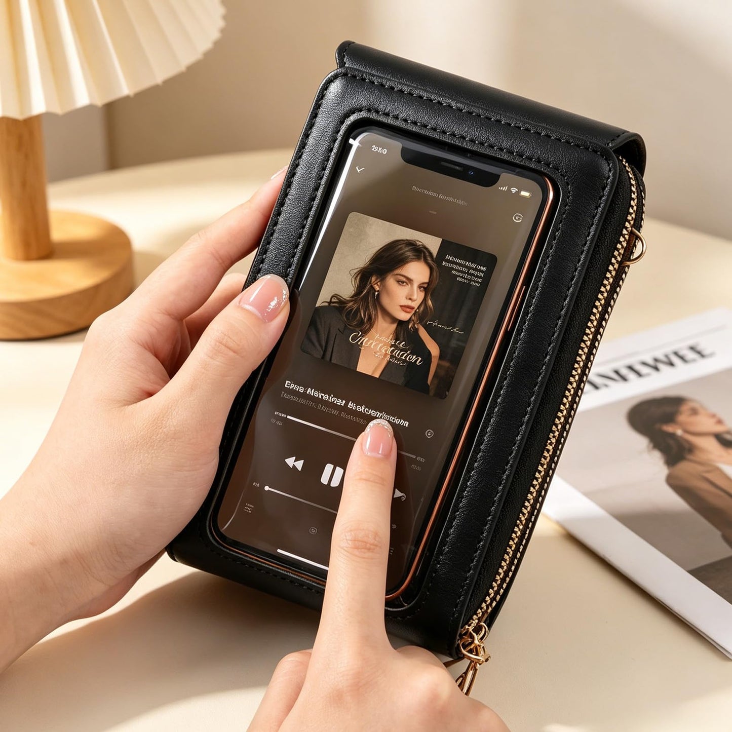 Touchscreen Phone Crossbody Purse for Women, Anti-Theft PU Leather Messenger Bag, Sensitive Touch Screen Window, Adjustable Strap (Black)