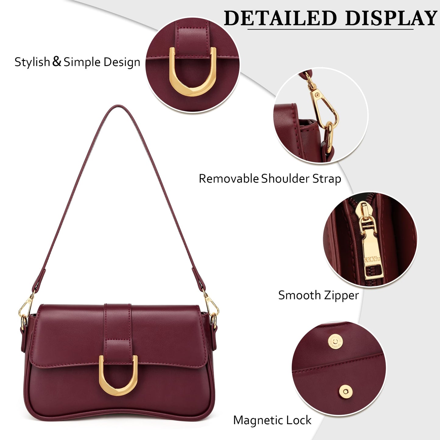KKXIU Shoulder Bag for Women, Small Handbag Cute Purse Retro Clutch Underarm Hobo Bag, Wine Red