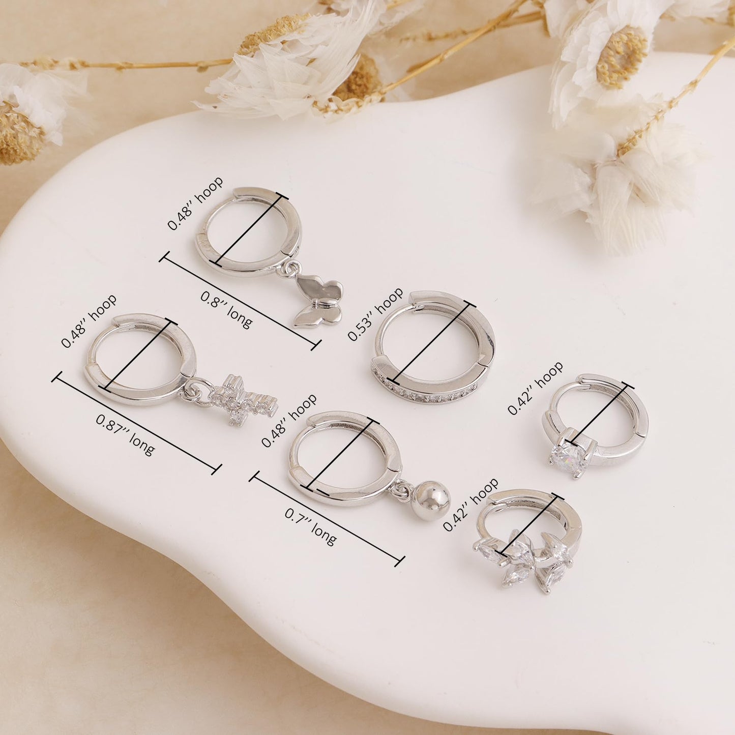 Frigotine 3PCS Silver Ball Cross Butterfly Dangle Small Hoop Earrings Stack Set for Woman, Dainty Rhinestone CZ Drop Multiple Piercing Cartilage Huggie Earing Wedding Prom Fashion Jewelry Gifts