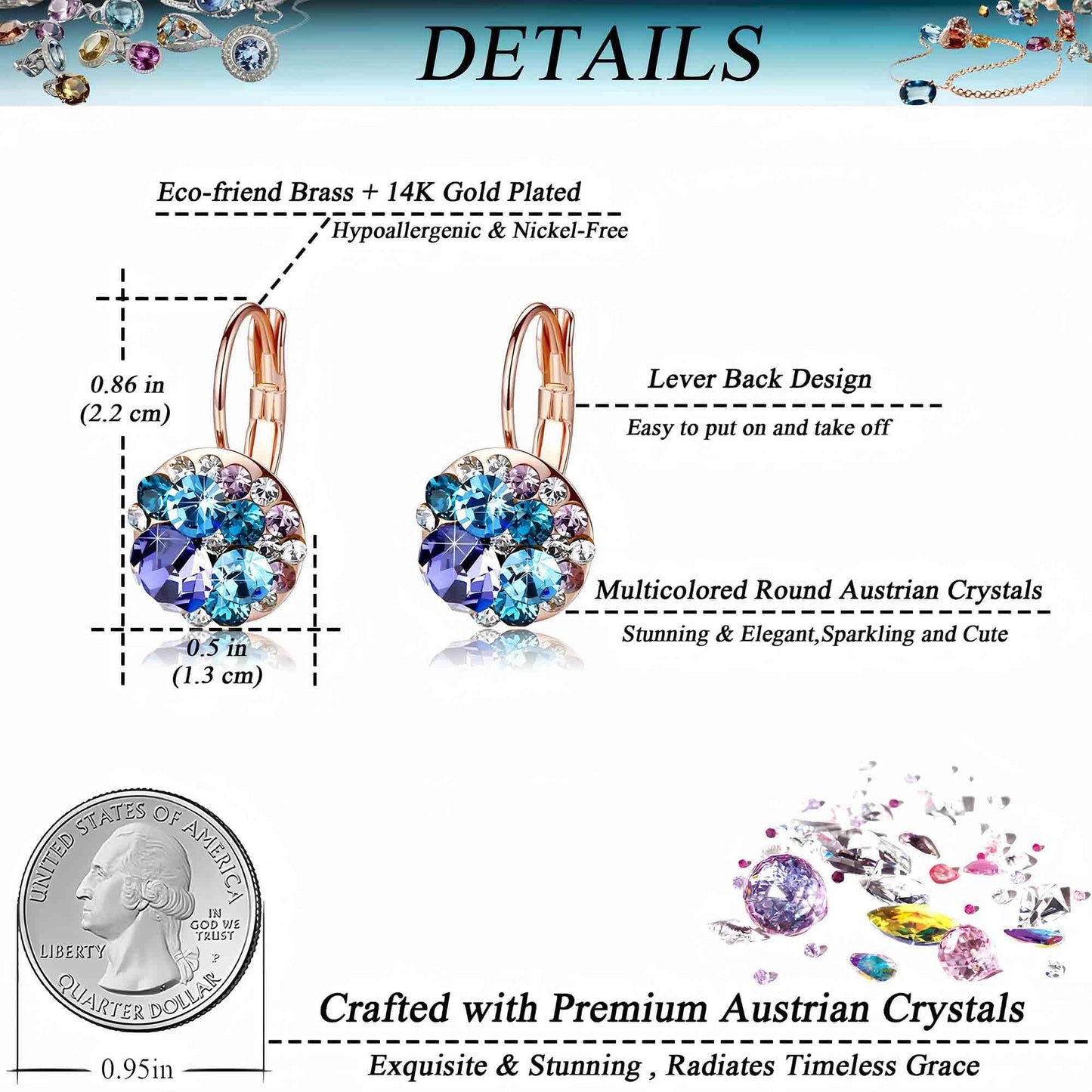 Multicolored Austrian Crystal Drop Earrings for Women 14K Gold Plated Hypoallergenic Leverback Hoop Earrings