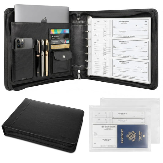 Toplive Zippered 7 Ring Business Checkbook Binder Extra-Large, 2Pack 7-Hole Pouch, 600 Checks Capacity, PU Leather Check Book Binder Cover with Multi-Pocket Design for Office & Business Use, Black