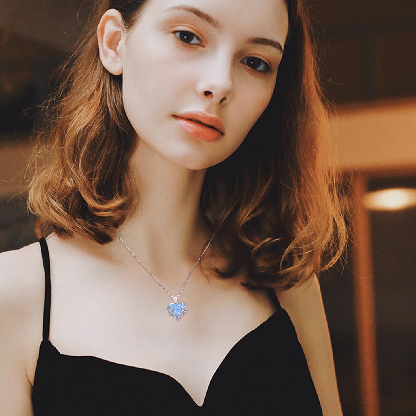 CUOKA MIRACLE Angel Wings Necklace Blue Opal Heart Necklace 925 Sterling Silver Necklace for Women Guardian Angel Wings Pendant Necklace Dainty Opal Jewelry for Women Mom Birthday Gifts