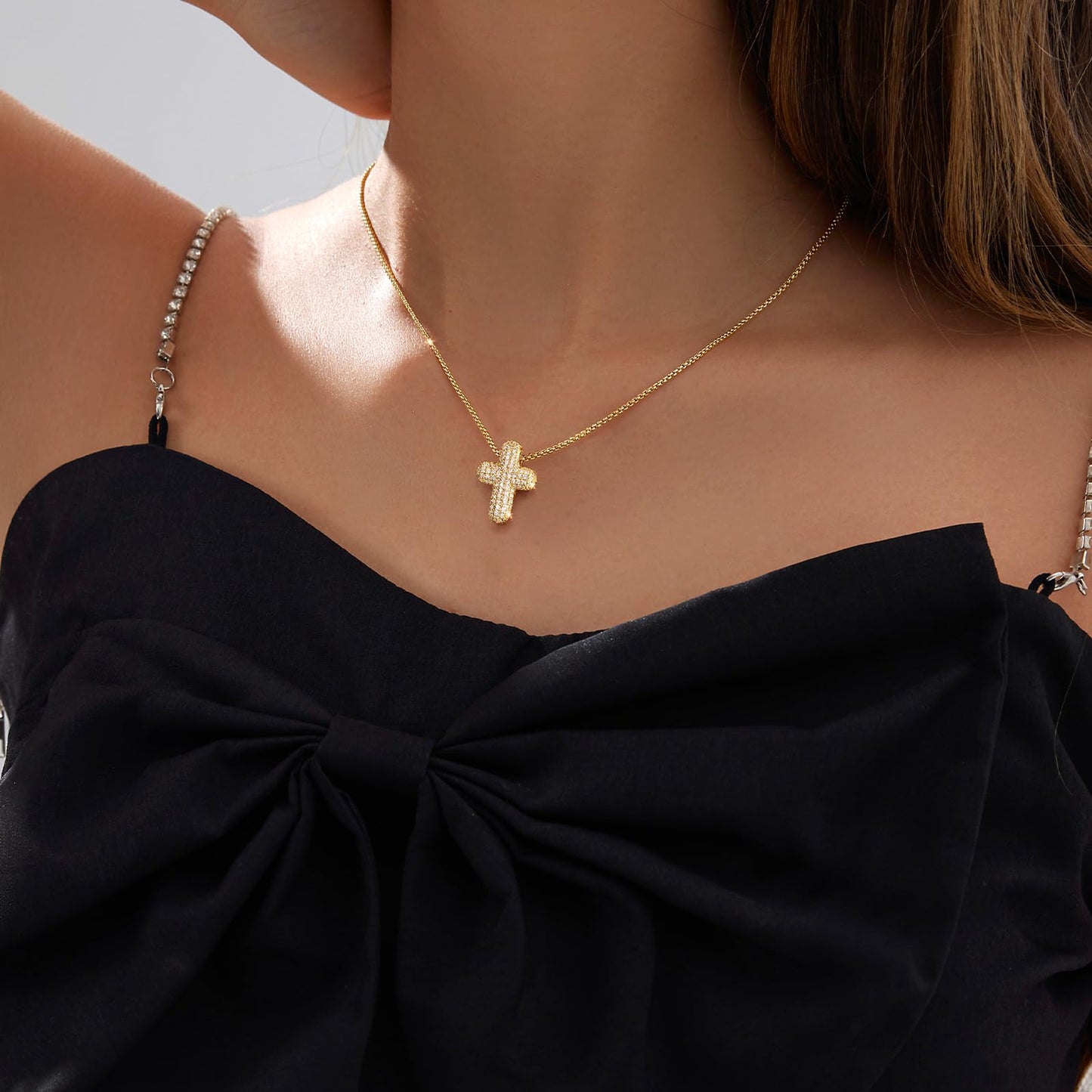 OGD Cross Necklace for Women Gold Plated 14K Trendy CZ Diamond Crucifix Charm Bubble Necklace Dainty Cross Chain Pendant Hypoallergenic Delicate Faith Choker Religious Jewelry Gifts for Women