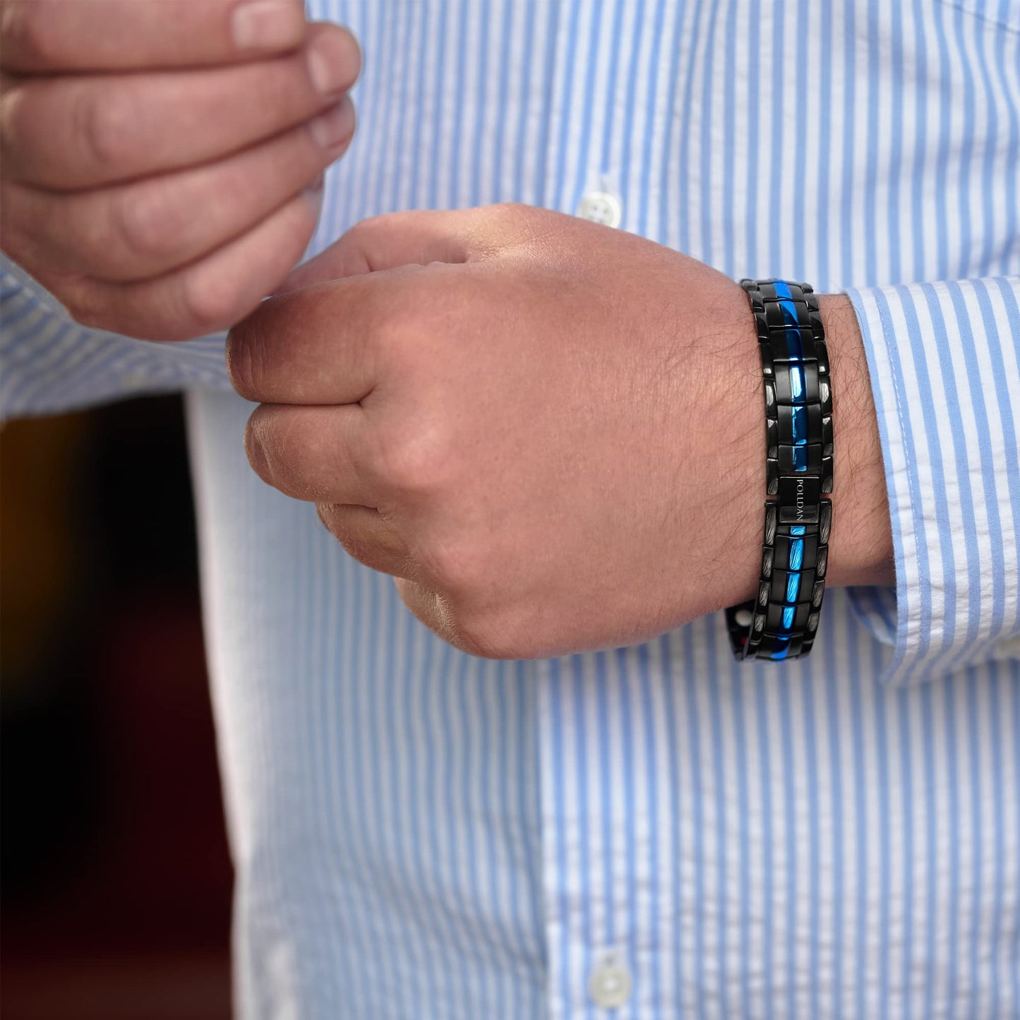 Polldan Magnetic Bracelets for Men 6000 Gauss Power | Titanium Bracelet for Men with 2X Strong Magnets | Durable Mens Magnetic Bracelet with Adjustable Length | Stylish Mens Jewelry & Black Metal Sizing Tool (Blue-Black)
