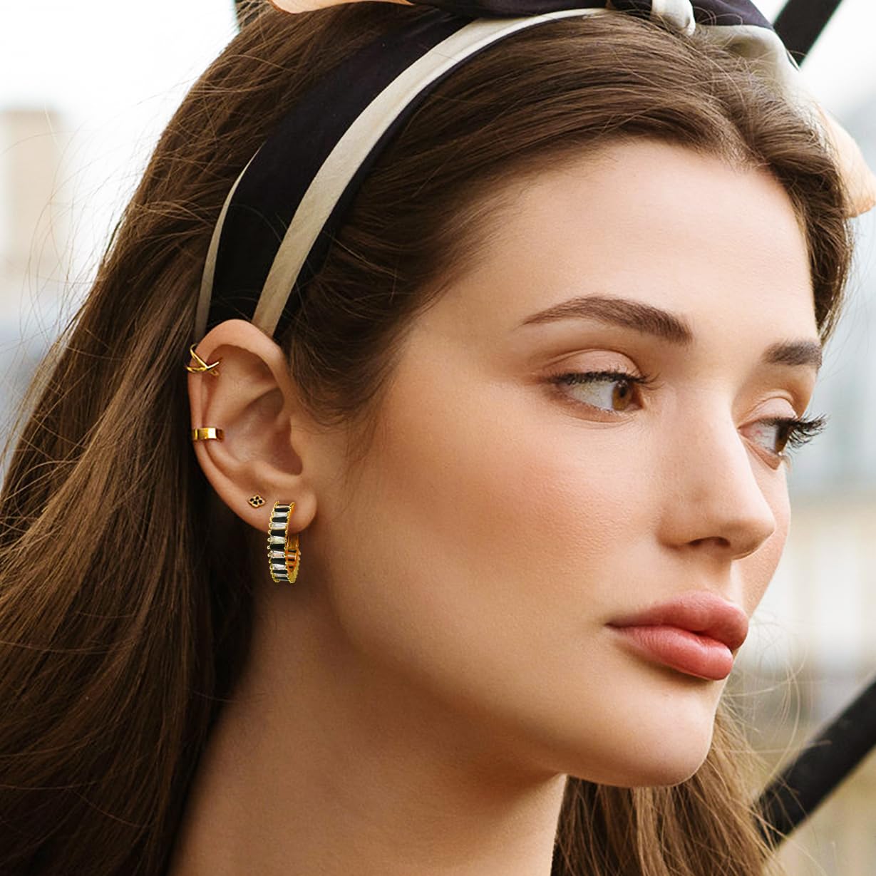 GLOQUAT Crystal White and Black Hoop Earrings 14K Gold Plated Hoops for Women 925 Sterling Silver Post Vintage Gold Round Circle Rhinestone Hoops for Women Trendy Winter Jewelry 25mm