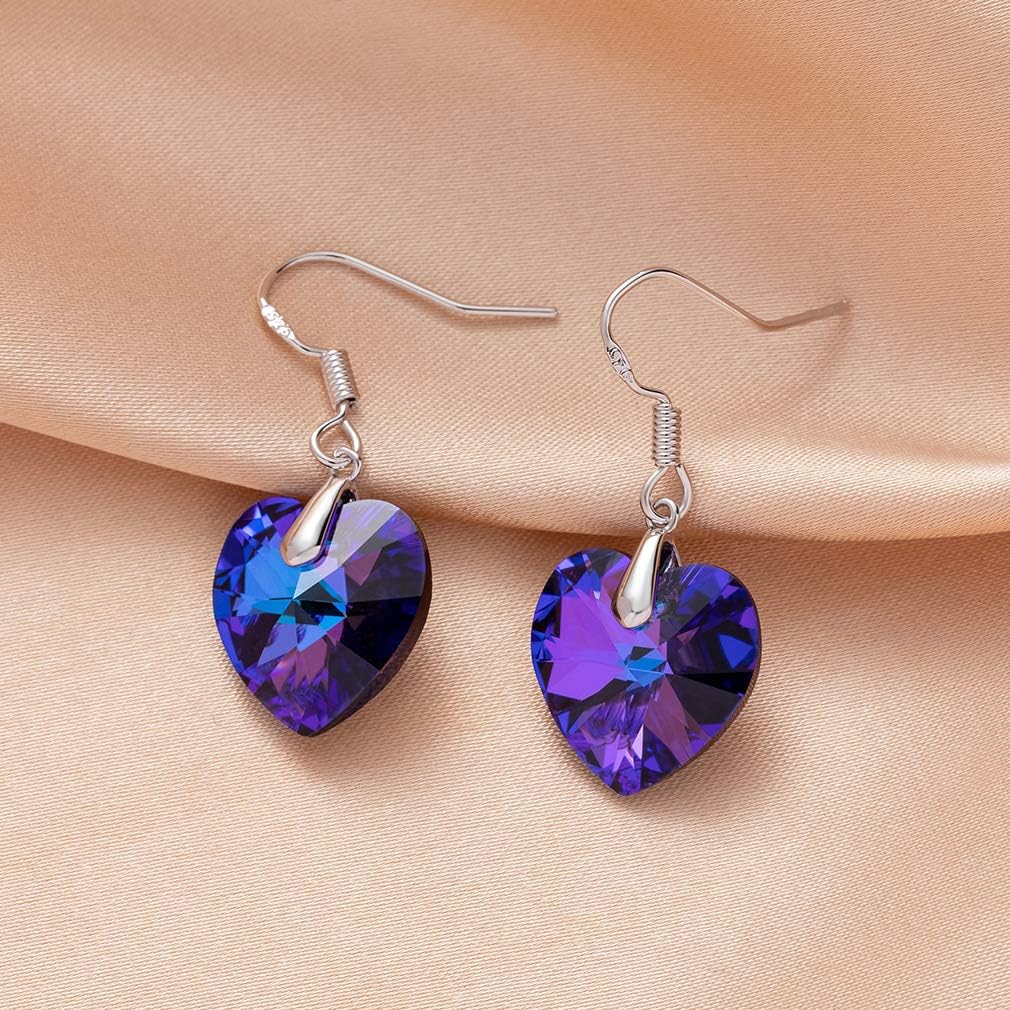 Austrian Crystal Heart Drop Dangle Earrings for Women 925 Sterling Silver Hook Hypoallergenic Earring (Violet)