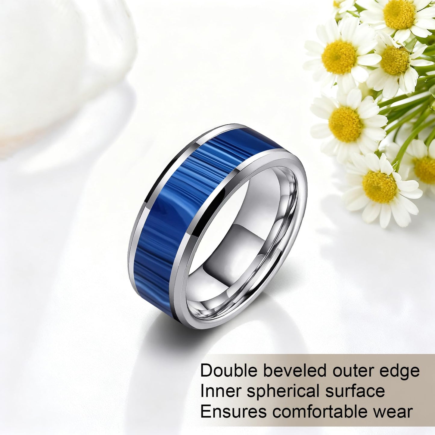 HJIMMNHONG New Carbon Fiber Fashion Rings Double Beveled Edge Delicate Polished Simple Stainless Steel Mens and Women Rings,8mm,Size Available (Peacock Blue, 8)