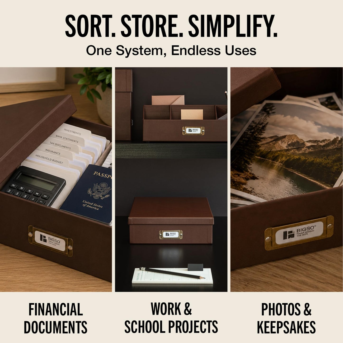 Bigso Oskar Fiberboard Document Storage Box with Lid for A4 and Letter Size Papers - Stylish, Sturdy, and Stackable Keepsake Box with Label Holder - W10.2in x D13.8in x H3.3in - Recycled Leather