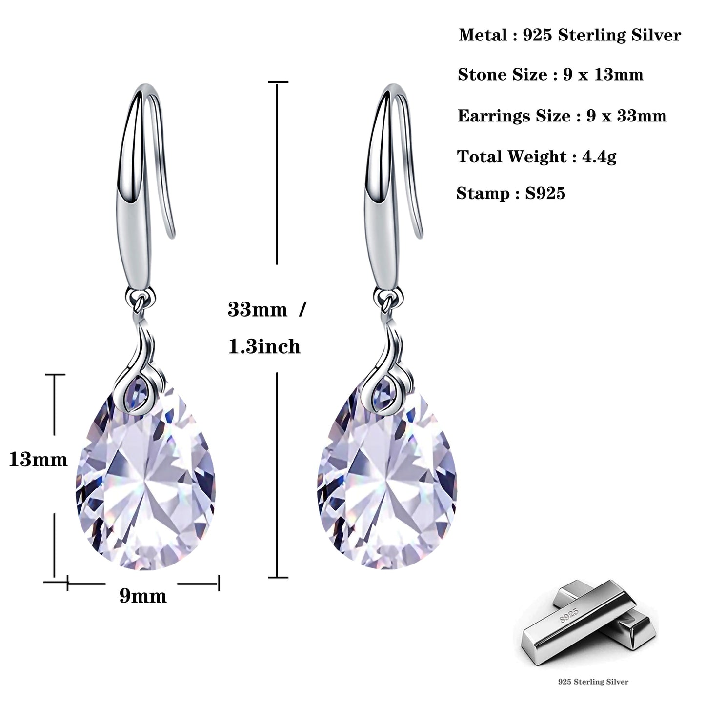 ML S925 Sterling Silver 12mm Naked Drill Crystal Earrings For Women (Earrings White color)