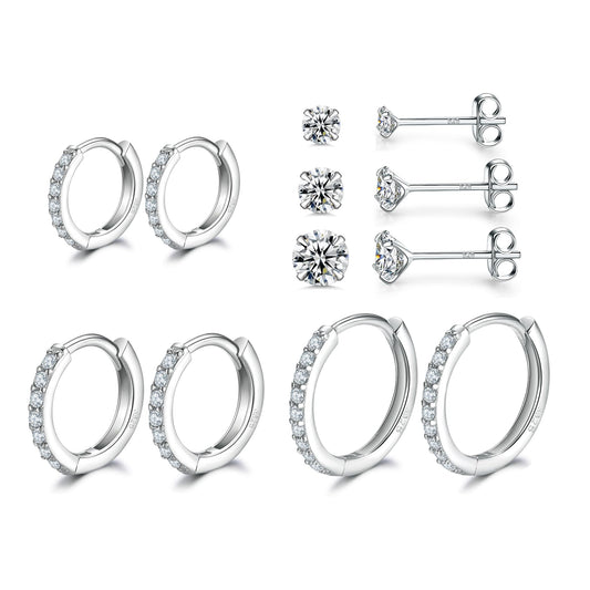 Sterling Silver Hoop Earrings Sterling Silver Stud Earrings for Women 6 Pairs Hypoallergenic Tiny Cubic Zirconia Stud Set Cartilage Hoops