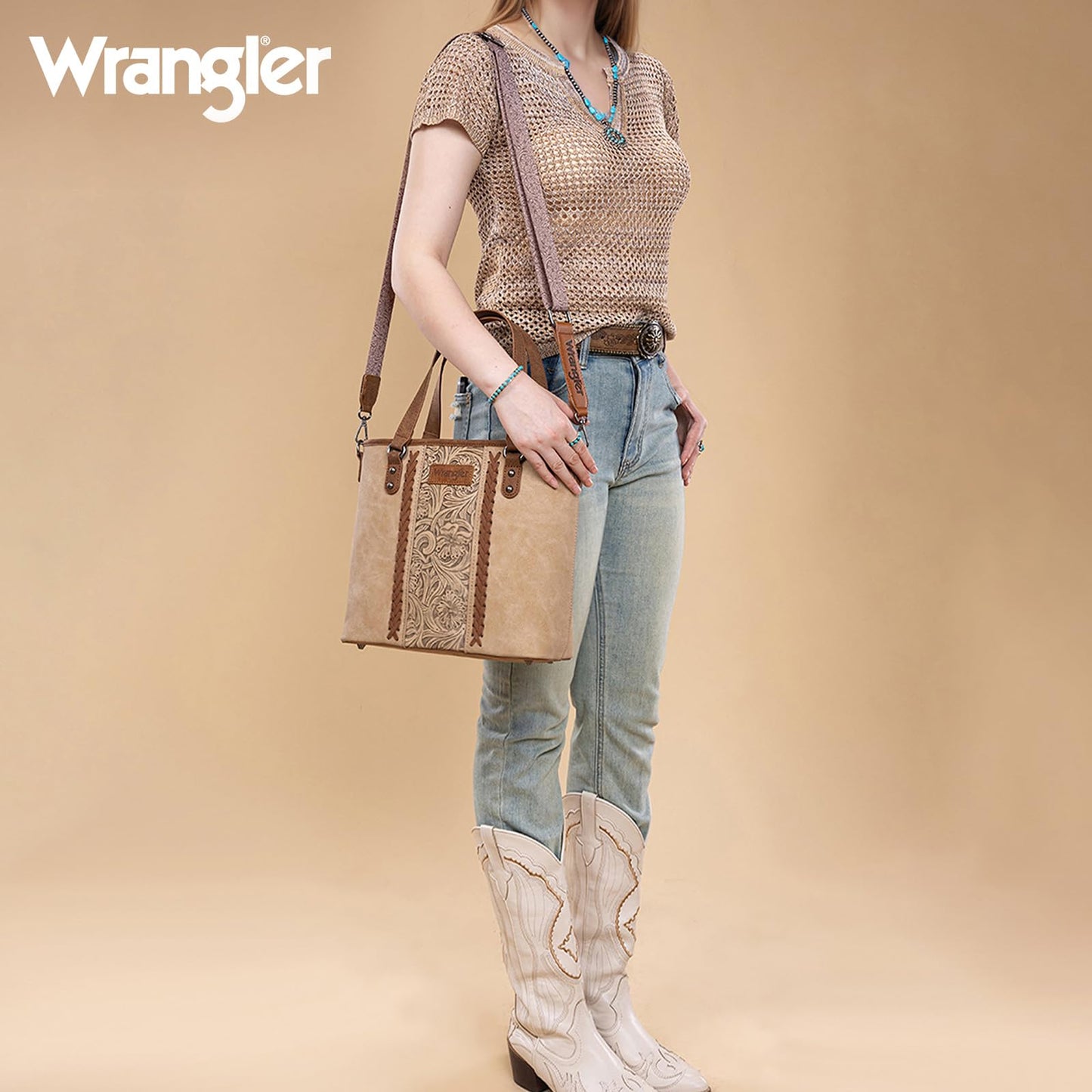 Montana West Wrangler Tote Bag for Women Western Purse Embossed Handbags Medium Satchel Retro Top Handle Shoulder Bag, Beige Purse, WG205-81134BG