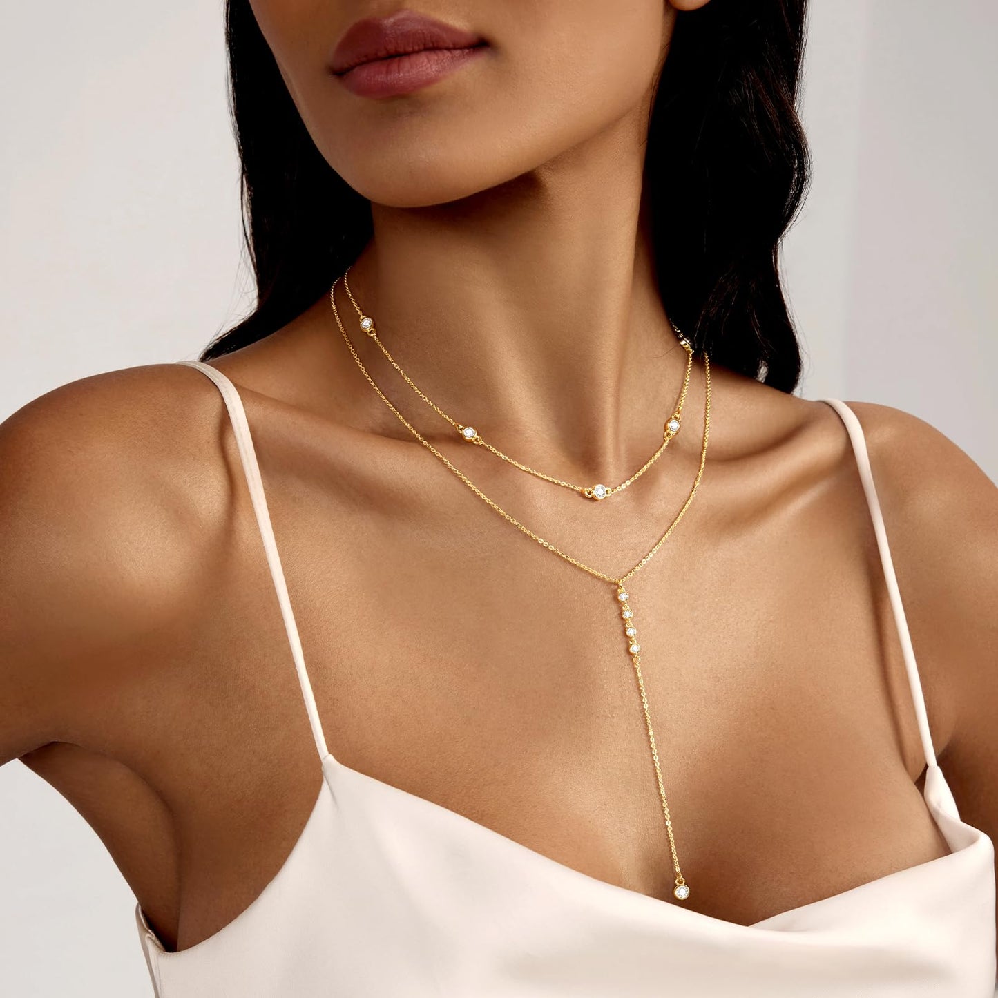 Zeffy Long Gold Necklace for Women- Dainty 14k Gold Plated Teardrop Drop Lariat Necklace Trendy Layered Simple CZ Y-Shaped Body Chain Stack Wedding Prom Dangle Statement Necklace Jewelry Gifts