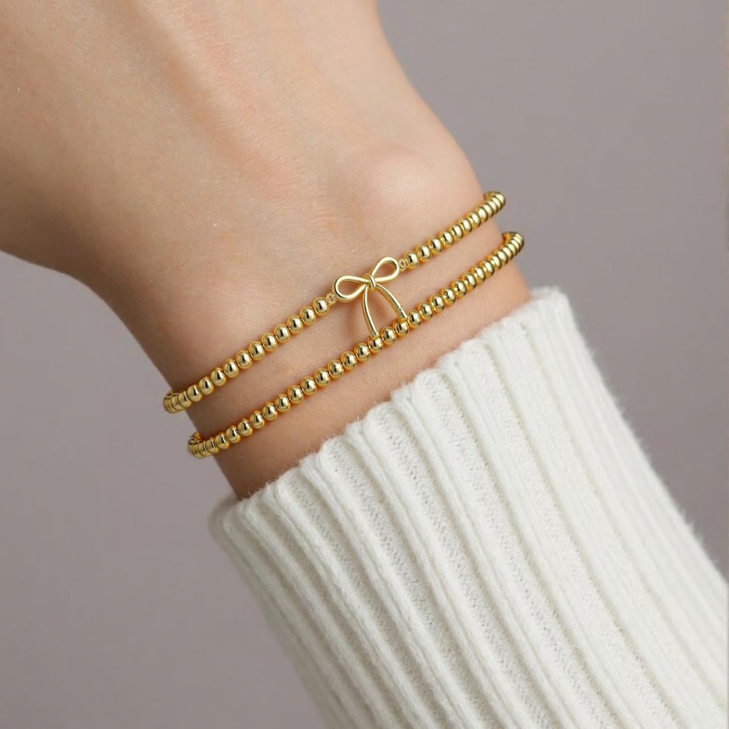 Jsuospmy Gold Beaded Bracelets for Women 14K Gold Bow Bracelet Handmade Stackable Bracelets for Women Trendy Non Tarnish Bracelet Jewelry Gift for Womens 2Pcs (02.Bow+Beaded (Gold))