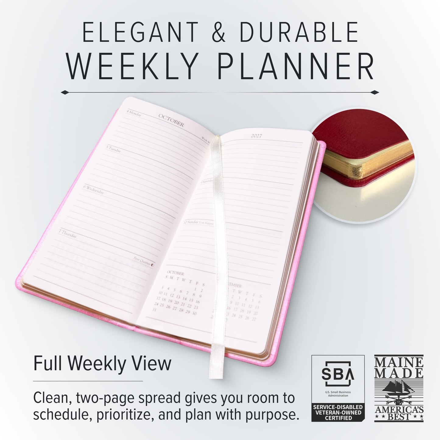 Gallery Leather Pocket Weekly Monthly Planner 2027, Elegantly Bound Calendar Planner and Notebook with Stylish Gold-Gilded Page Edges, 12 Months - Acadia Wild Rose - 6x3.25"