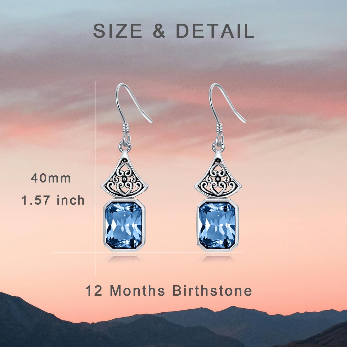 925 Sterling Silver Vintage Oxidized Dangle Drop Earrings with Emerald Cut Blue Aquamarine March Birthstone Anniversary Jewelry Gifts for Women