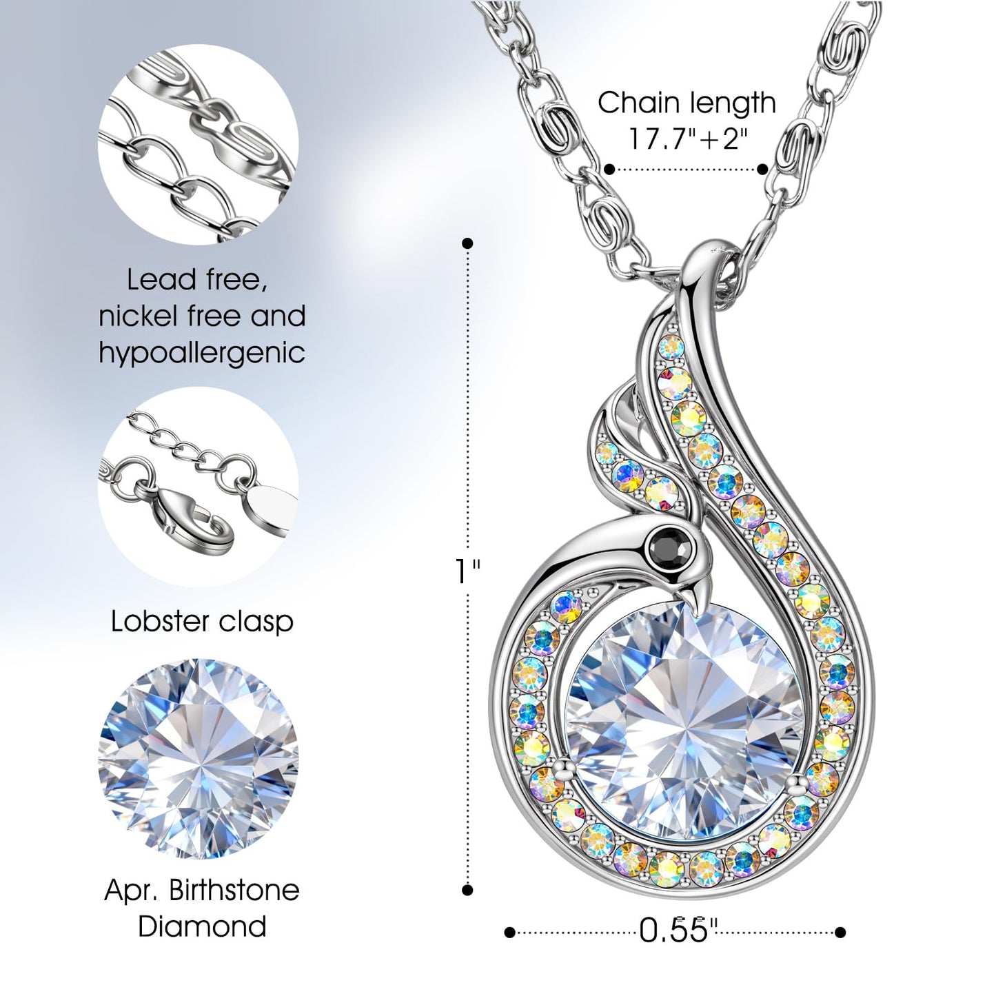 Kate Lynn Phoenix Birthstone Necklaces for Women Pendant Necklace Crystal Jewelry, Birthday Gifts for Women Wife Girlfriend Mothers Day Gift for Mom Daughter Unique Lady Christmas Jewelry Gift for Her, April Birthstone Necklace