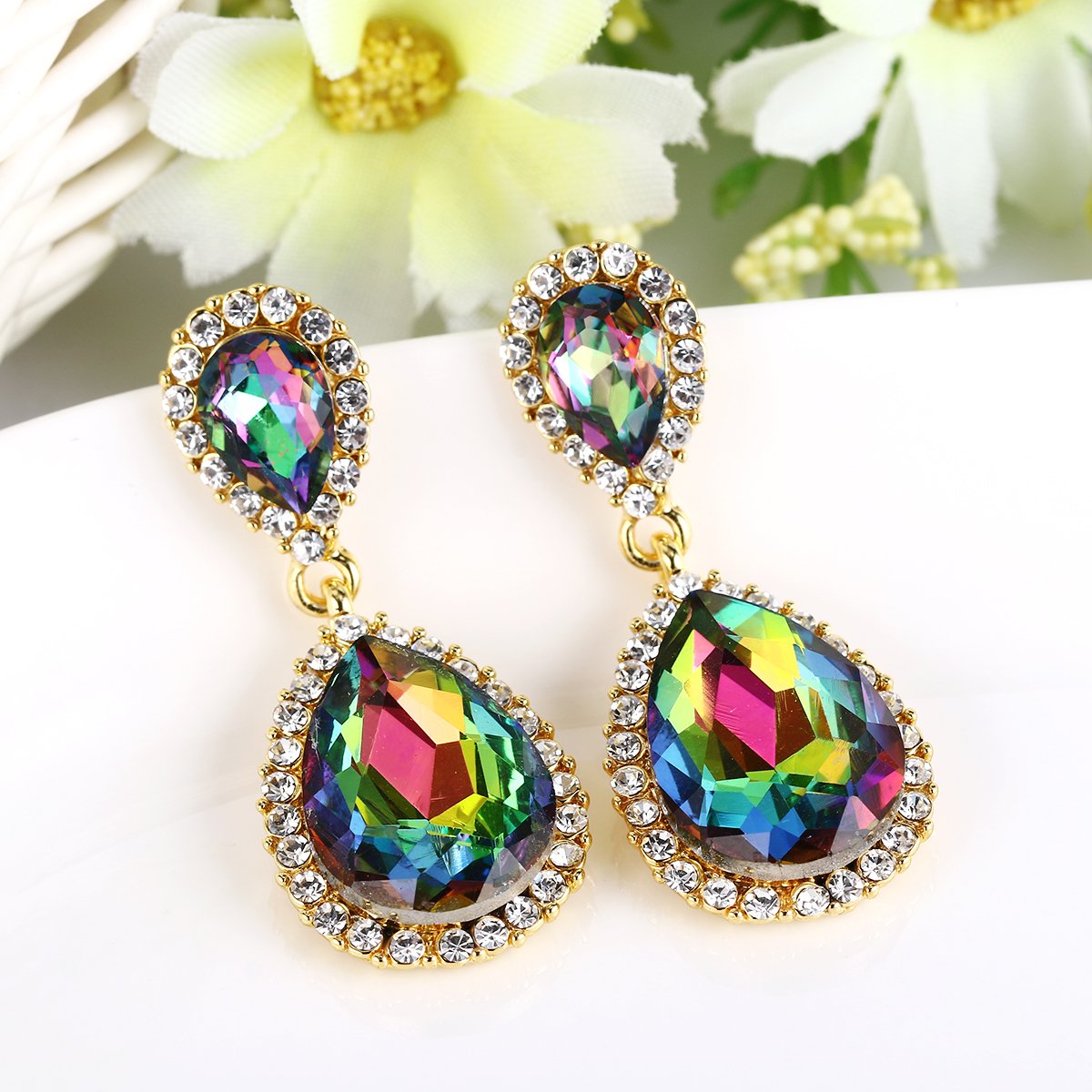 EVER FAITH Women's Austrian Crystal Prom Tear Drop Dangle Earrings Green AB Gold-Plated-Base
