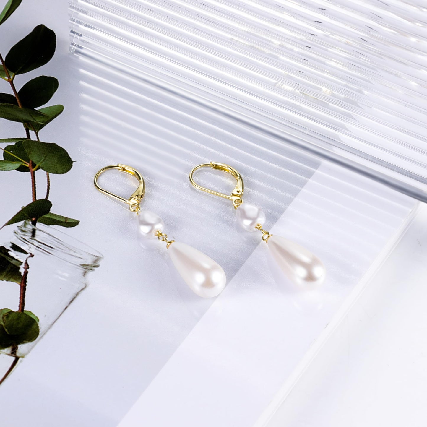 14K Gold Pearl Dangle Earrings for Women 925 Sterling Silver Double Pearl Drop Earrings Leverback Irregular Pearls Hypoallergenic Earring