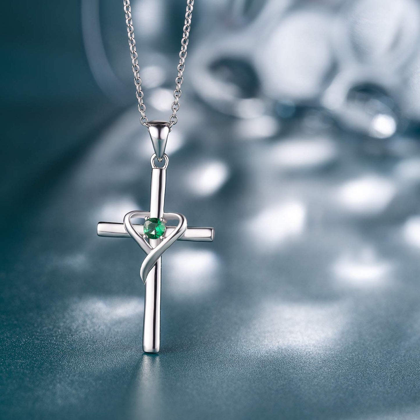 AmorAime 925 Sterling Silver Cross Necklace for Women Men 14K Gold Plated 5A CZ Birthstone Necklaces for Holiday (E.Green-May-Emerald)