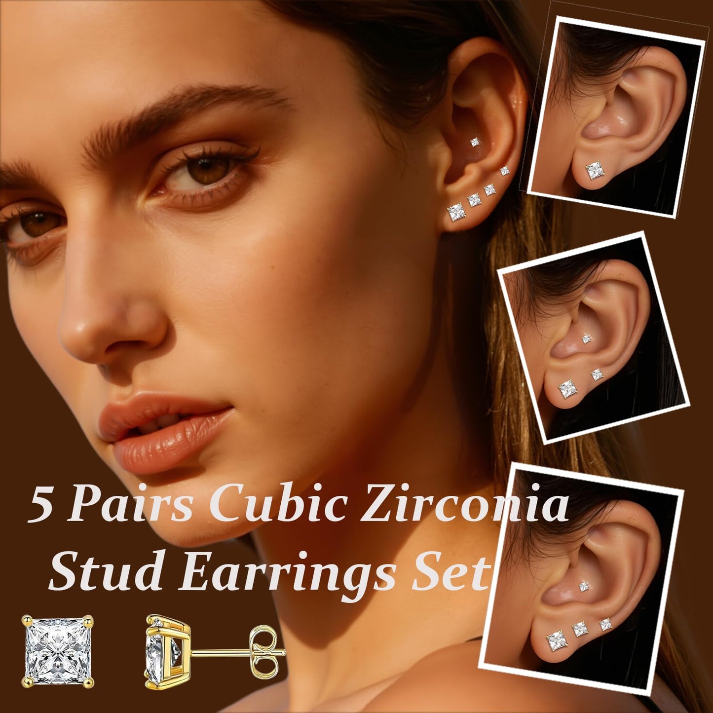 Gemsme 5 Pairs Princess Cut Cubic Zirconia Stud Earrings for Women/Men - 18K Gold Plated Hypoallergenic 3-7mm Square Clear CZ Earring Set