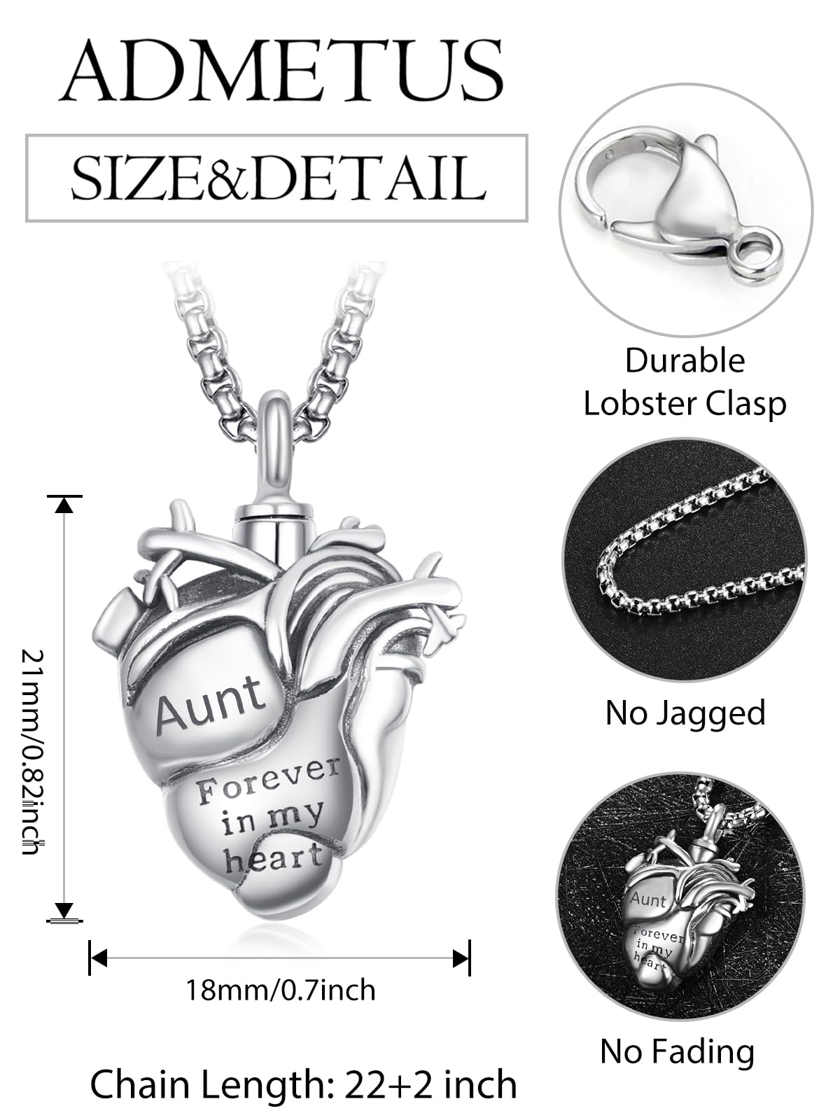Anatomical Heart Urn Necklaces for Ashes Sterling Silver Ash Pendants Cremation Jewelry Aunt Keepsake Pendant Memorial Jewelry Gifts for Loss of Aunt