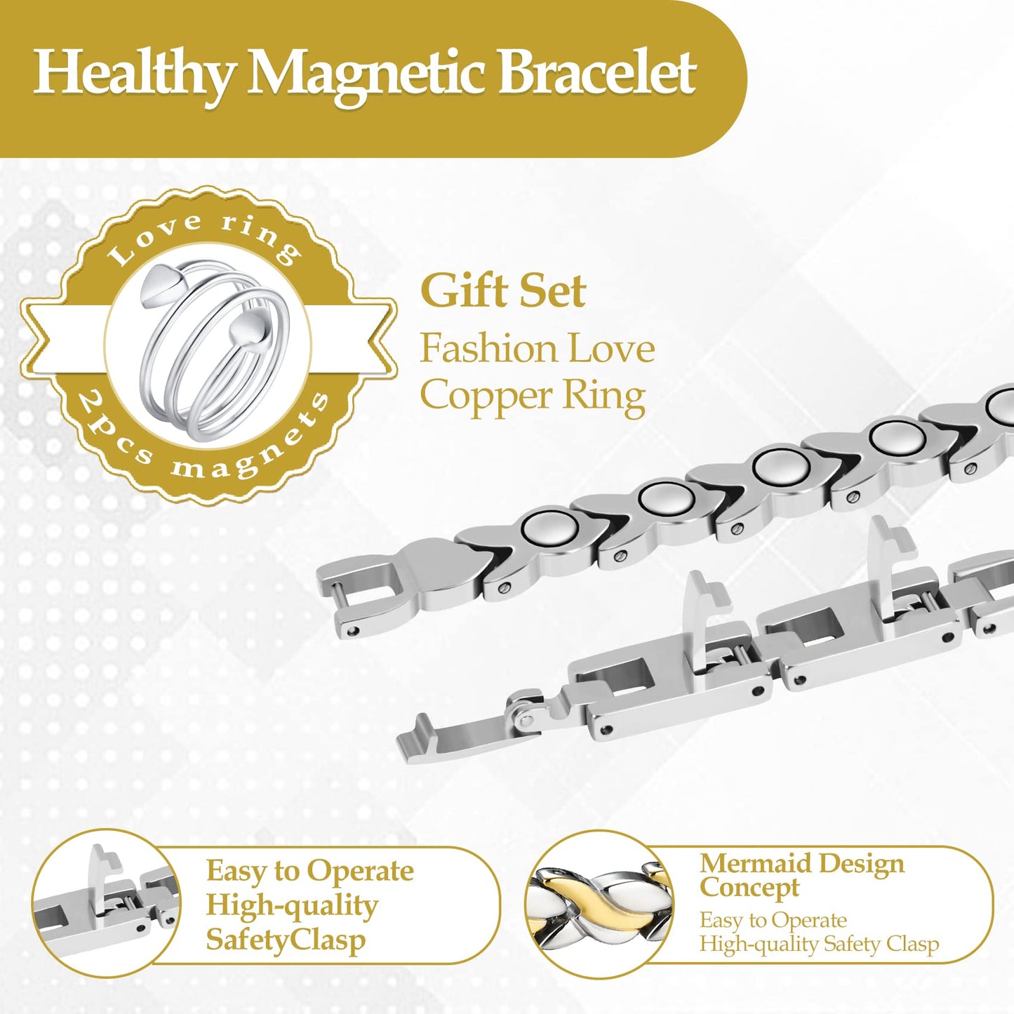 Jecanori Magnetic Bracelets for Women, Titanium Steel Wristband Brazaletes,Valentine's Day Gifts with Sizing Tool (Mermaid Series)