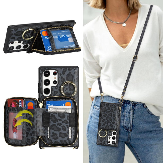 Hamany Crossbody Wallet Case for Galaxy S24 Ultra, PU Leather Zipper Handbag Purse Flip Cover, Kickstand Folio Case with Card Slots Holder Wrist Strap Lanyard -Black Leopard