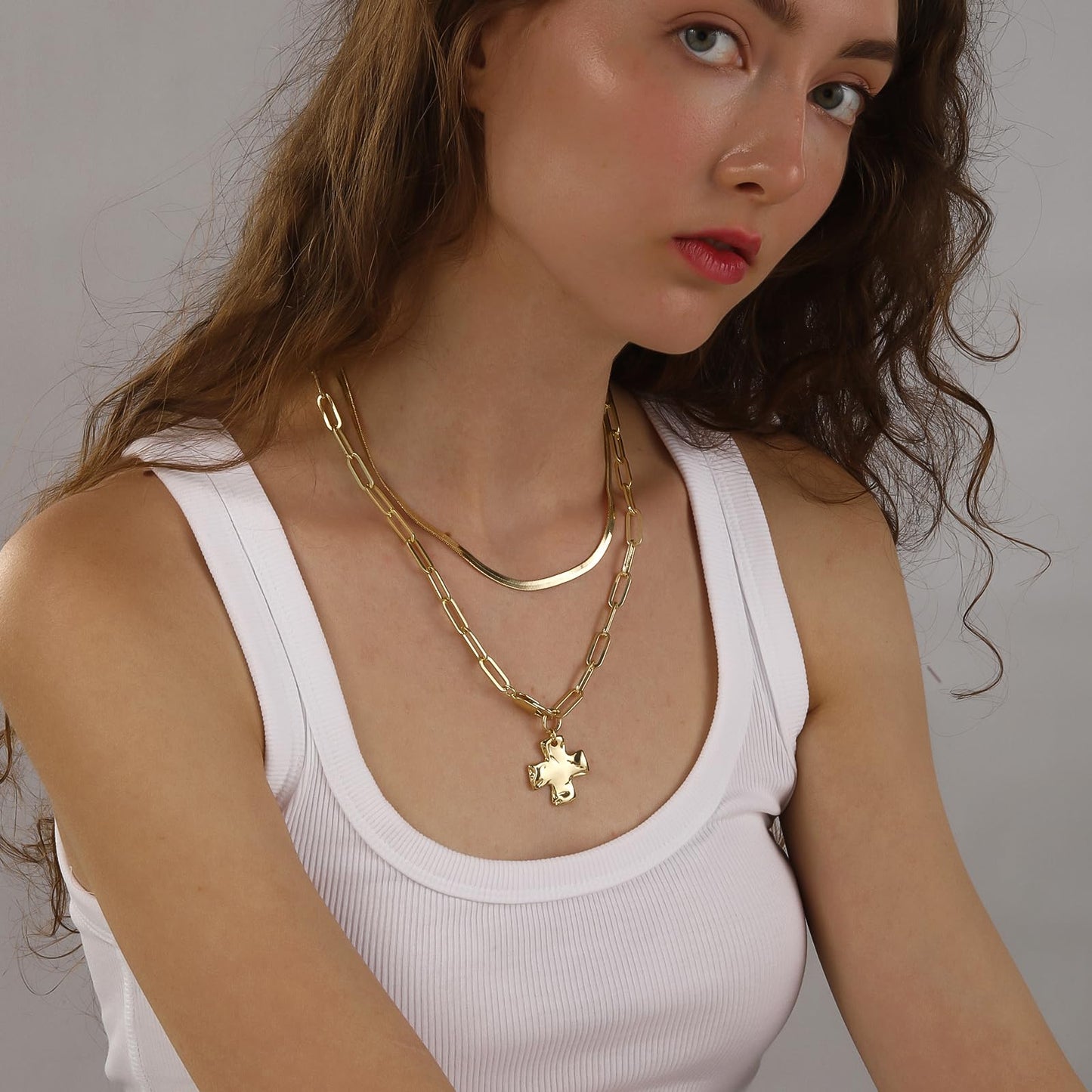 Bheop Chunky Cross Necklace for Women Trendy 14K Real Gold Plated Statement Cross Pendant Charm Necklace Long Big Paperclip Faith Chain Costume Jewelry Gift Non Tarnish 2.5CM
