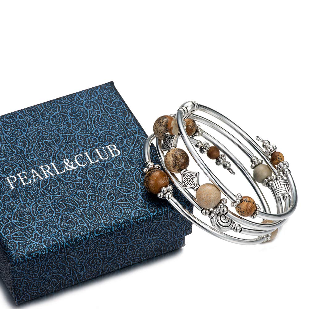 Beaded Pearl Bangle Wrap Bracelet - Fashion Bohemian Jewelry Multilayer Charm Bracelet with Thick Silver Metal Beads, Gift For Women(Picture Stone)