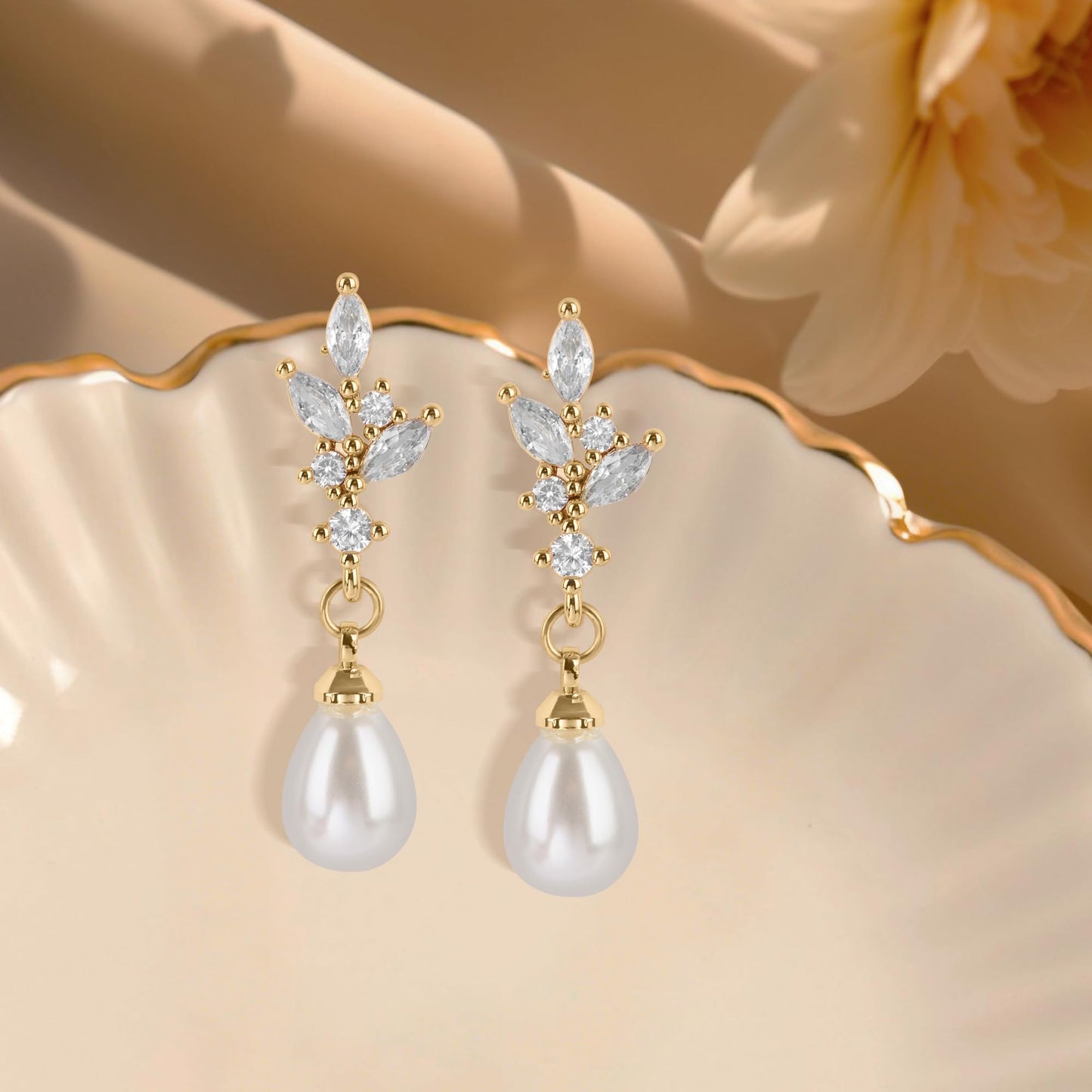 Pearl Earrings for Women, 14k Gold Plated Trendy Diamond Pearl Drop Earrings Hypoallergenic Dainty Bridal Gifts Wedding jewelry for Women