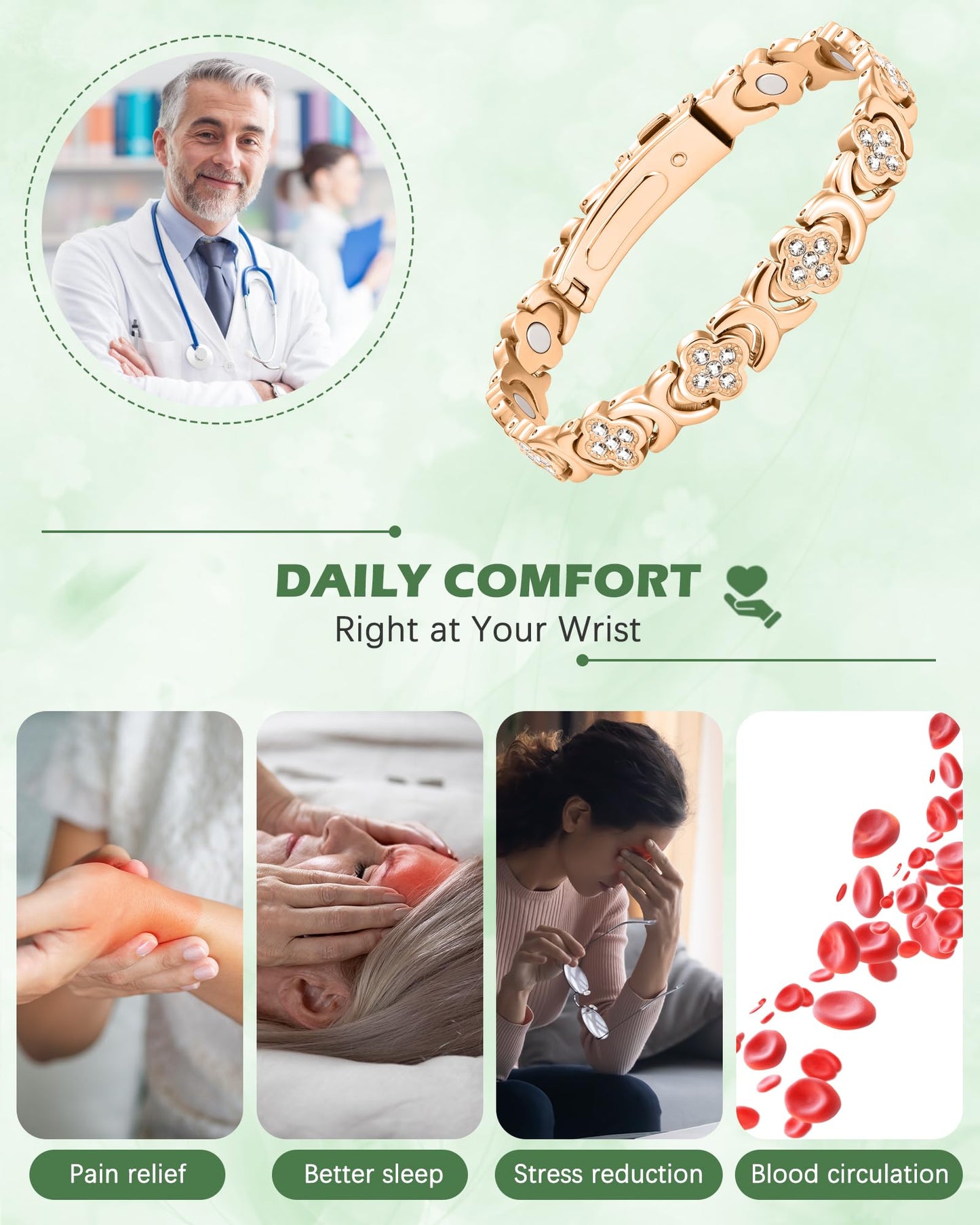 Jeracol Copper Bracelets for Women, Ultra Strength Magnetic Bracelets with 3800 Gauss Magnets & Sparkling Cubic Zirconia, Pure Copper Clover Jewelry with Ring